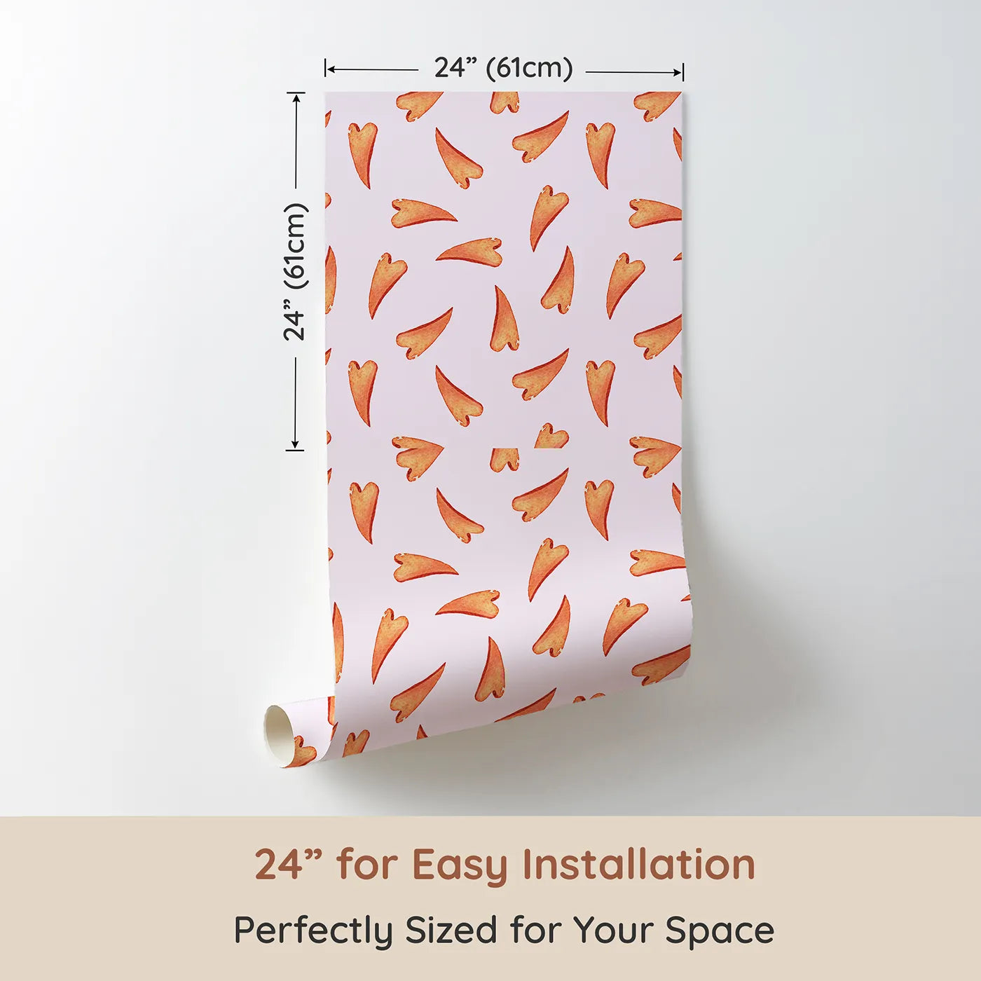 Dimension view of Whimsy Tots Scattered Heart Sprinkles Wallpaper in Blush (W3327B). Printed in 24-inch-wide panel for easy installation. Gentle hearts float like whispers on a warm blush breeze.