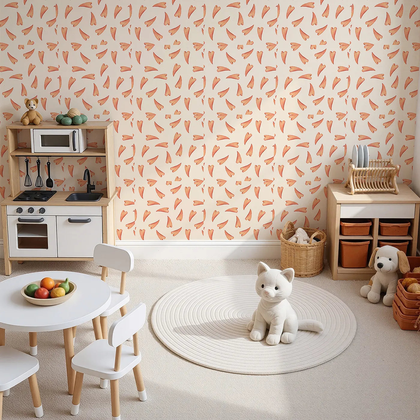 Top-Down view of Whimsy Tots' Scattered Heart Sprinkles Wallpaper in Cream (W3327C).Watercolor hearts scatter gently across a warm cream sky.