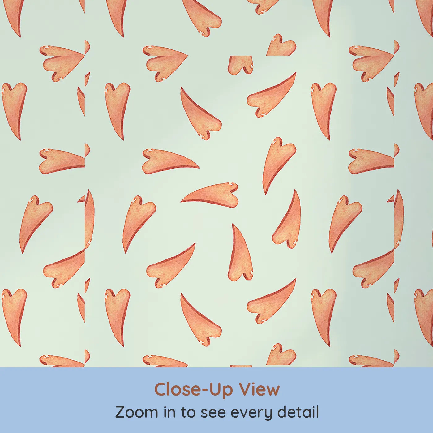 Close-up view of Whimsy Tots' Scattered Heart Sprinkles Wallpaper in Mint (W3327D).Playful hearts fall like confetti on a soft mint breeze.