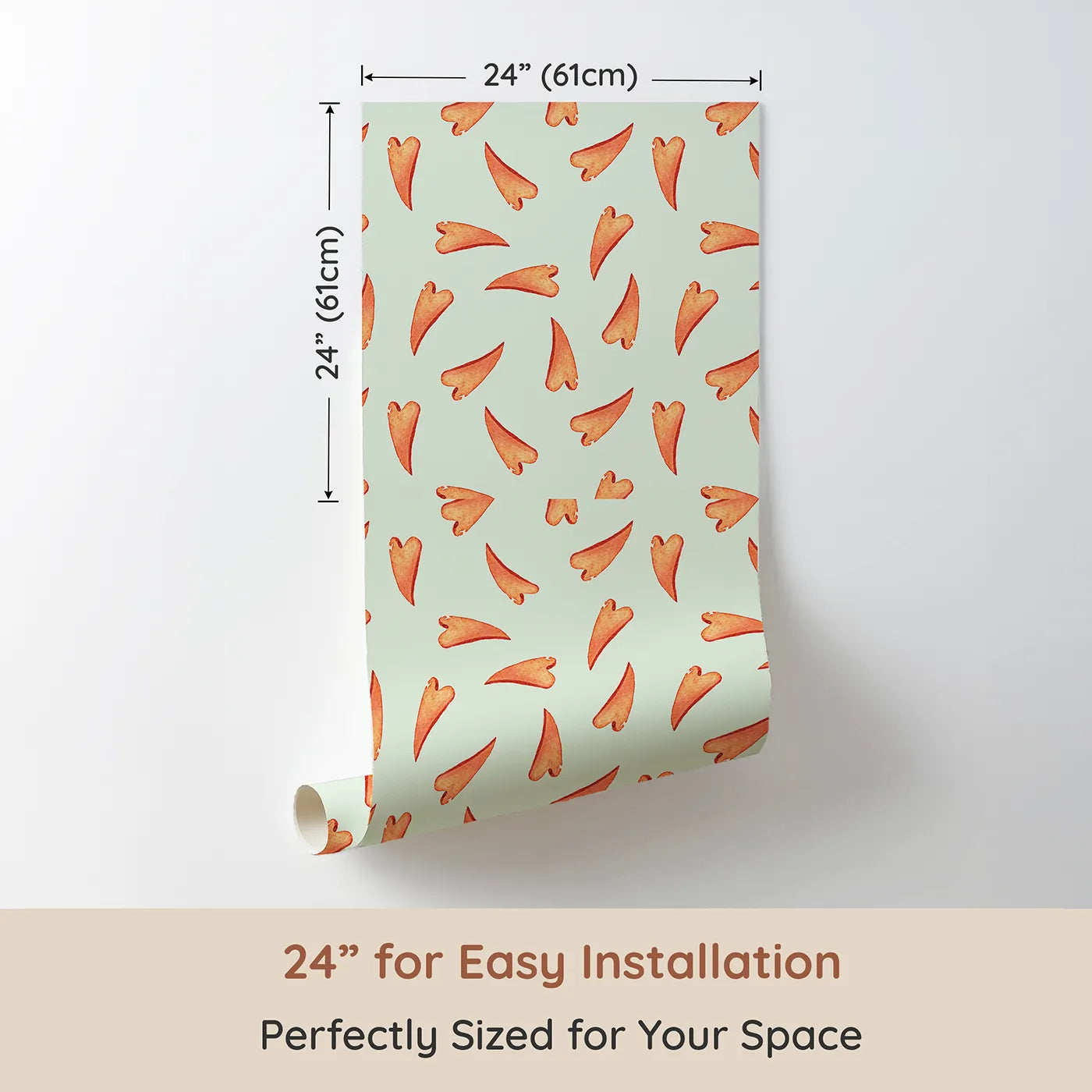 Dimension view of Whimsy Tots Scattered Heart Sprinkles Wallpaper in Mint (W3327D). Printed in 24-inch-wide panel for easy installation. Playful hearts fall like confetti on a soft mint breeze.