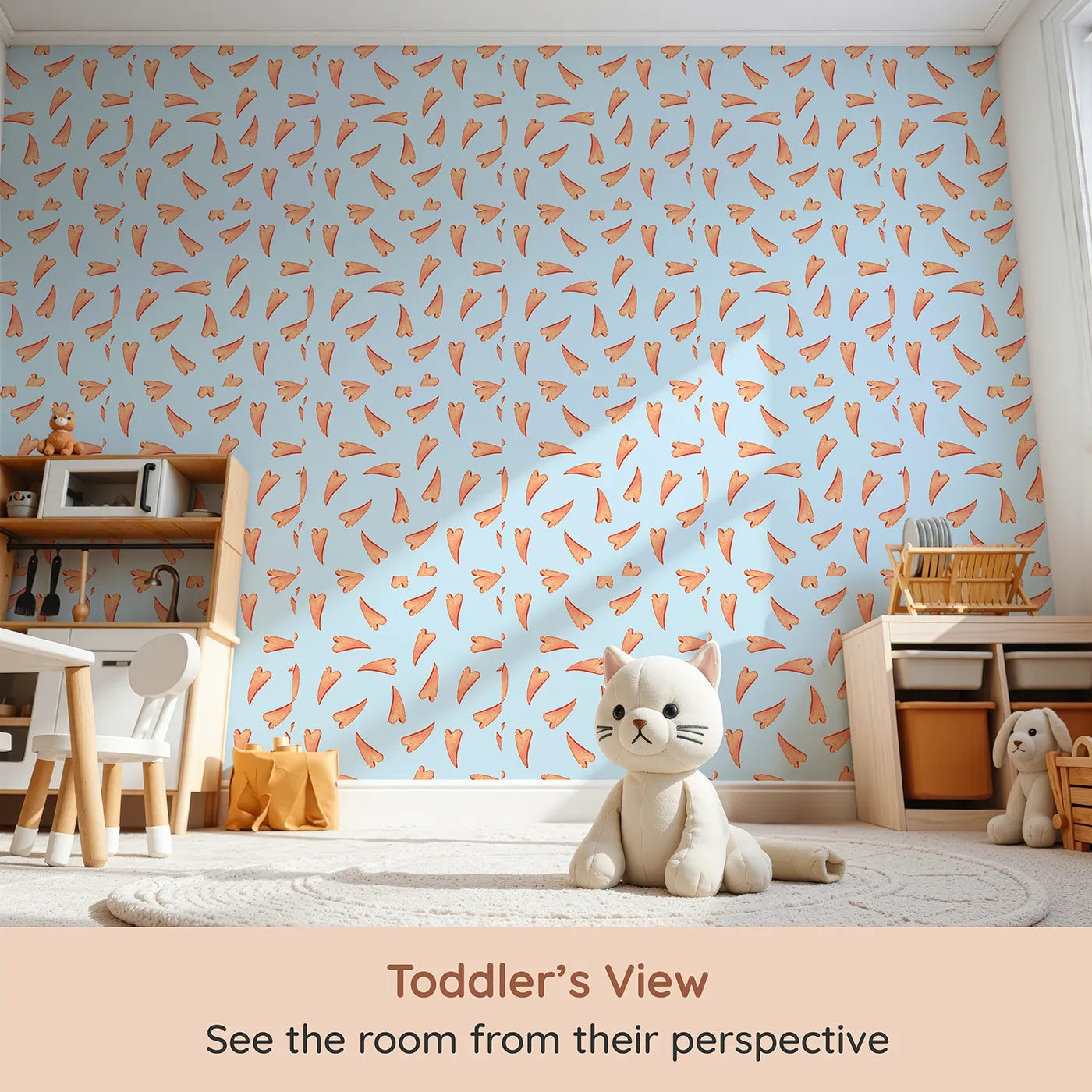 Whimsy Tots Scattered Heart Sprinkles Wallpaper in Blue (W3327E) from your child's view.Orange hearts sprinkle joy across a clear sky-blue canvas.