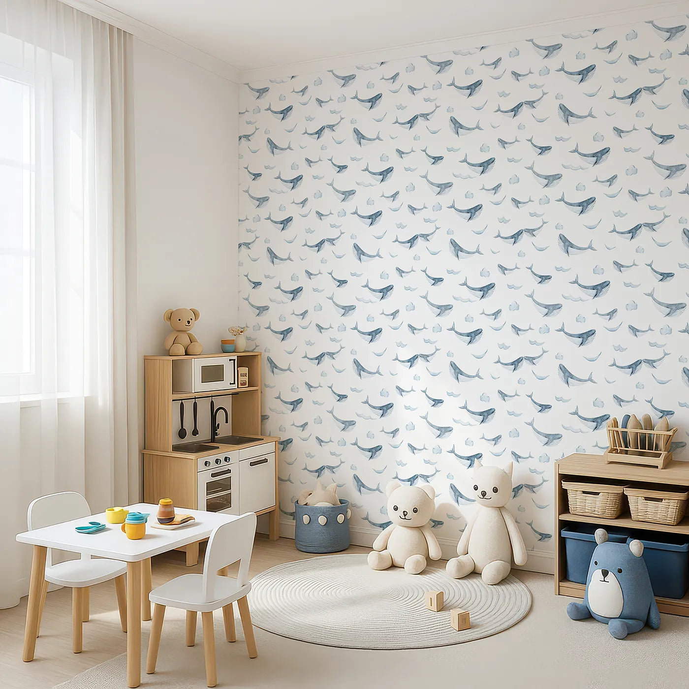 Angled view of Whimsy Tots' Whale Cloud Voyage Wallpaper in White (W3328A).Gentle whales glide among fluffy clouds.