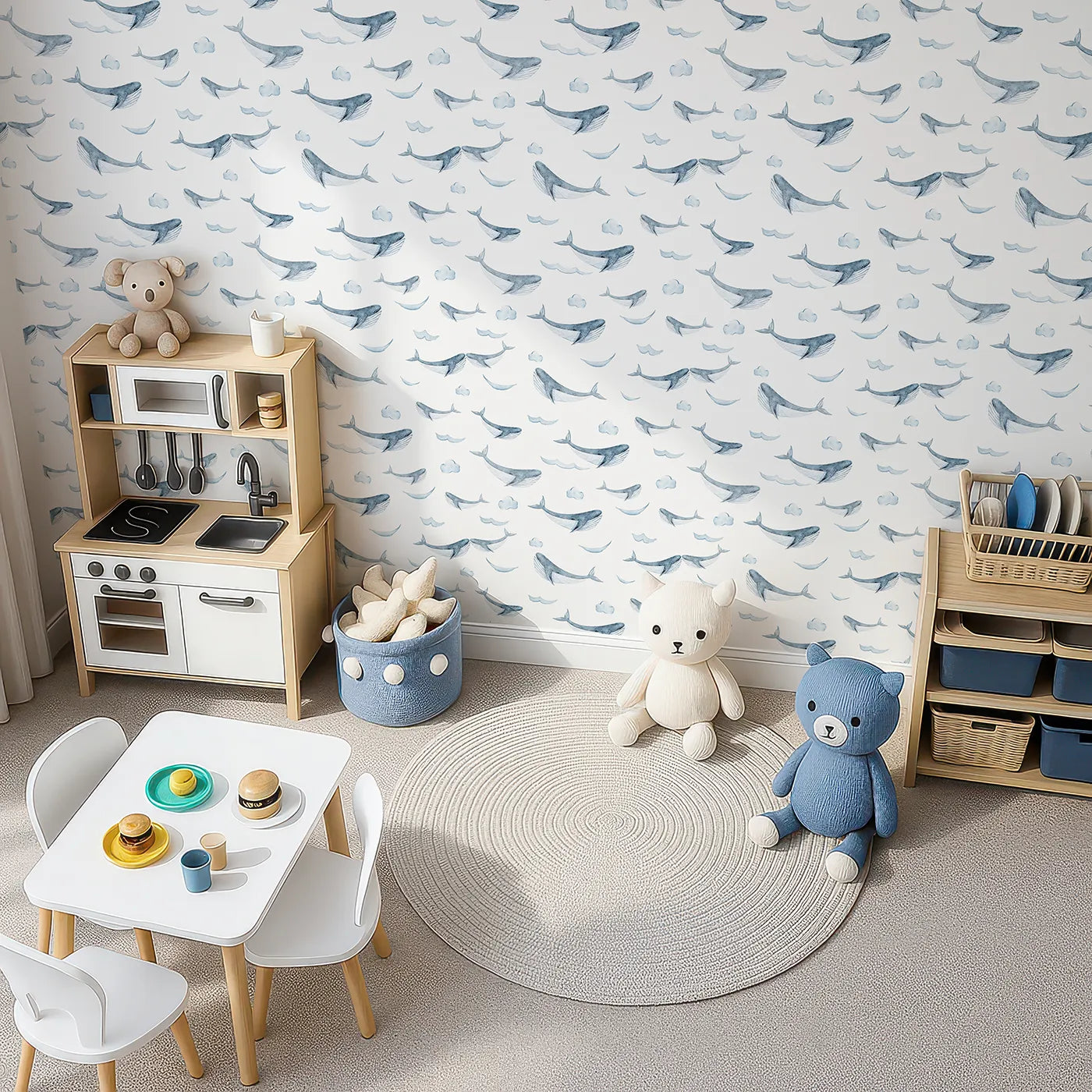 Top-Down view of Whimsy Tots' Whale Cloud Voyage Wallpaper in White (W3328A).Gentle whales glide among fluffy clouds.