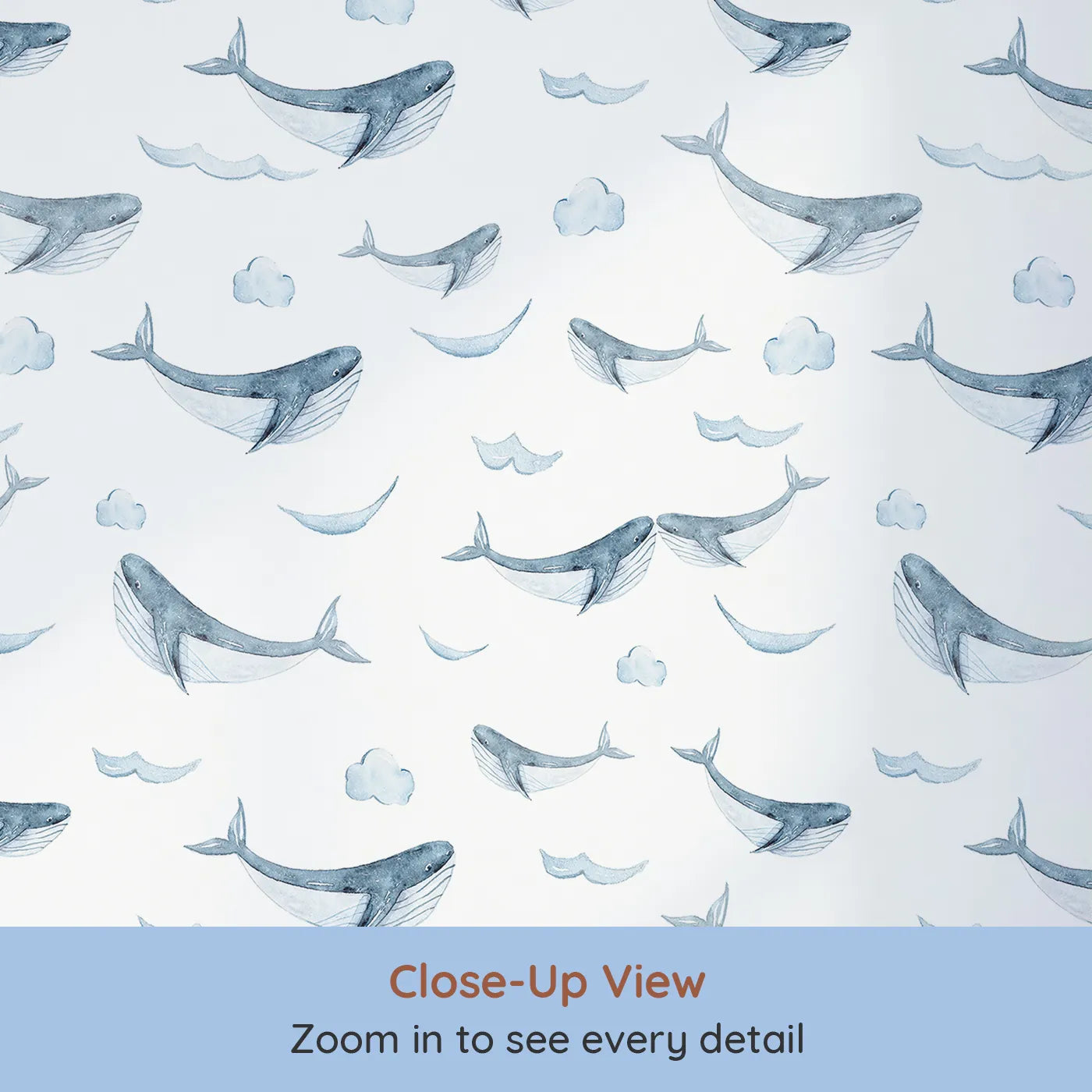 Close-up view of Whimsy Tots' Whale Cloud Voyage Wallpaper in White (W3328A).Gentle whales glide among fluffy clouds.