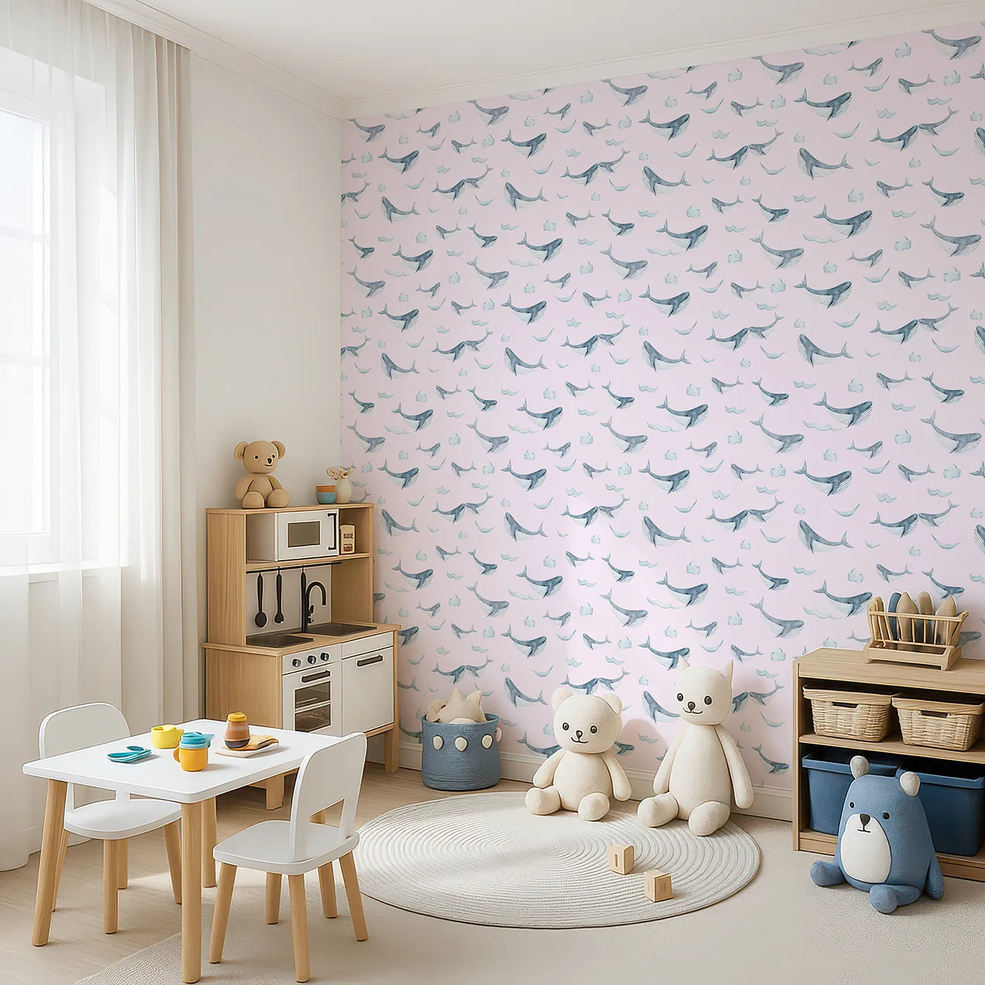 Angled view of Whimsy Tots' Whale Cloud Voyage Wallpaper in Blush Pink (W3328B).Gentle whales glide among fluffy clouds.