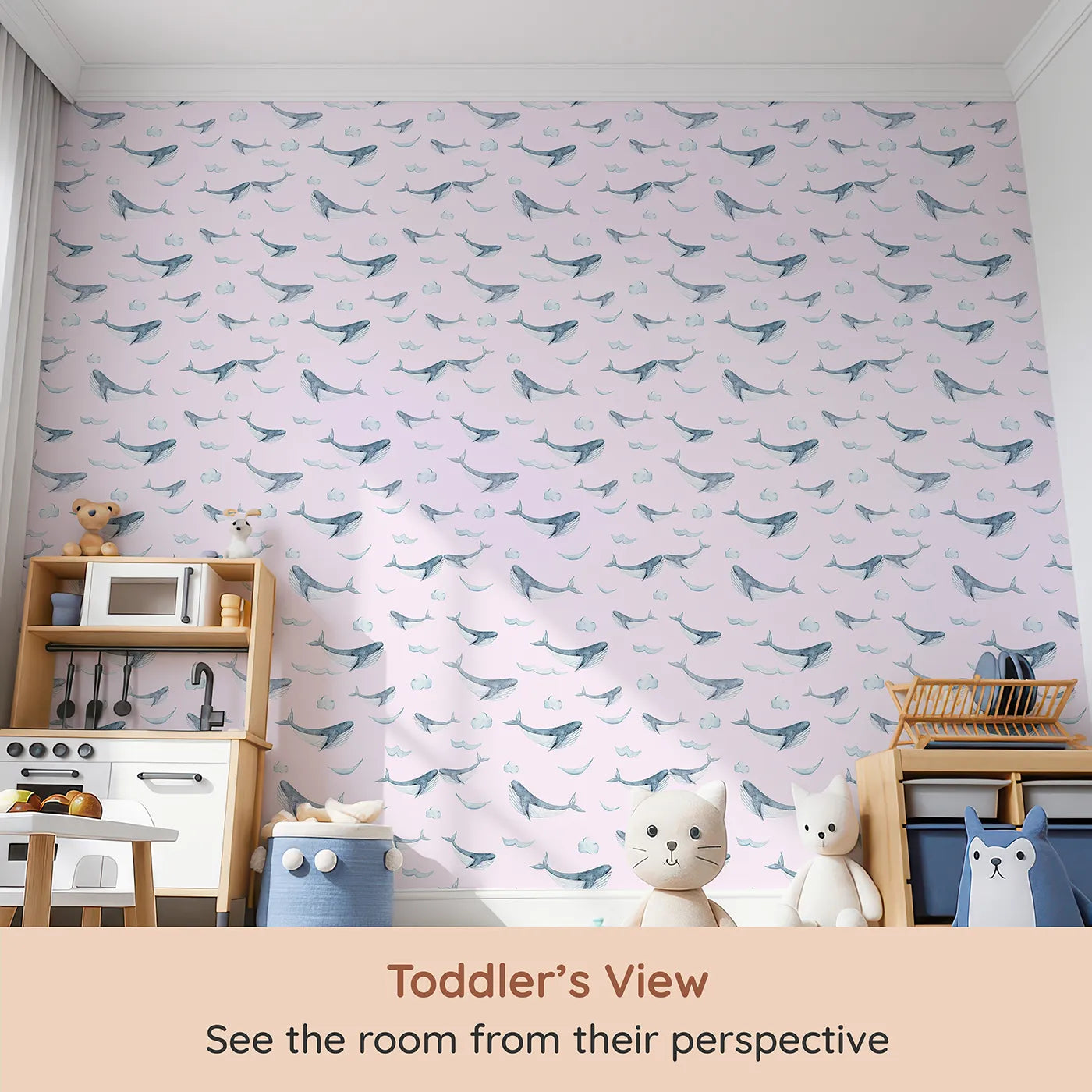 Whimsy Tots Whale Cloud Voyage Wallpaper in Blush Pink (W3328B) from your child's view.Gentle whales glide among fluffy clouds.