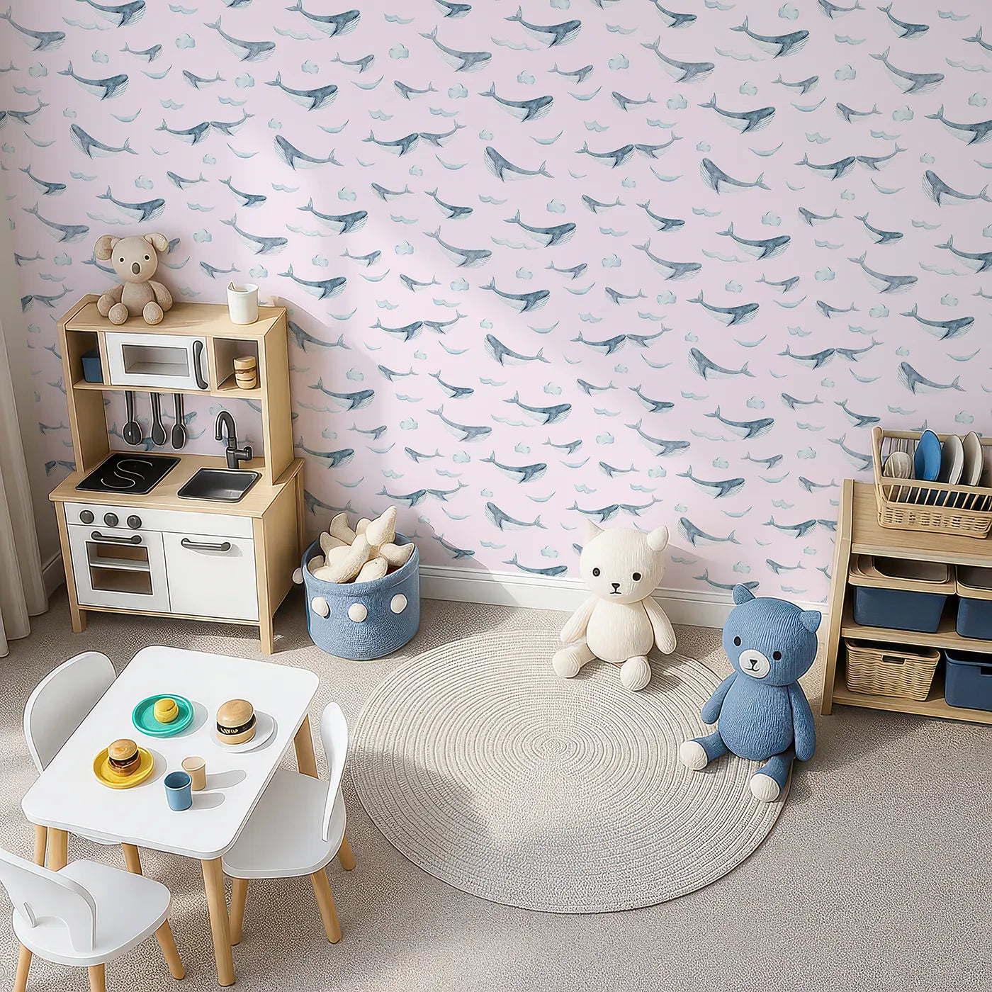 Top-Down view of Whimsy Tots' Whale Cloud Voyage Wallpaper in Blush Pink (W3328B).Gentle whales glide among fluffy clouds.