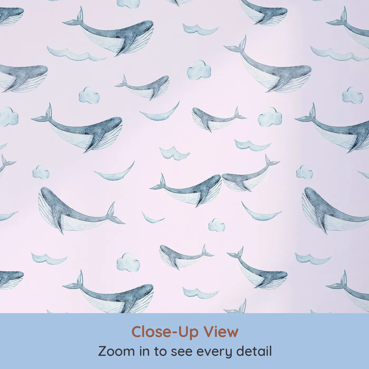 Close-up view of Whimsy Tots' Whale Cloud Voyage Wallpaper in Blush Pink (W3328B).Gentle whales glide among fluffy clouds.