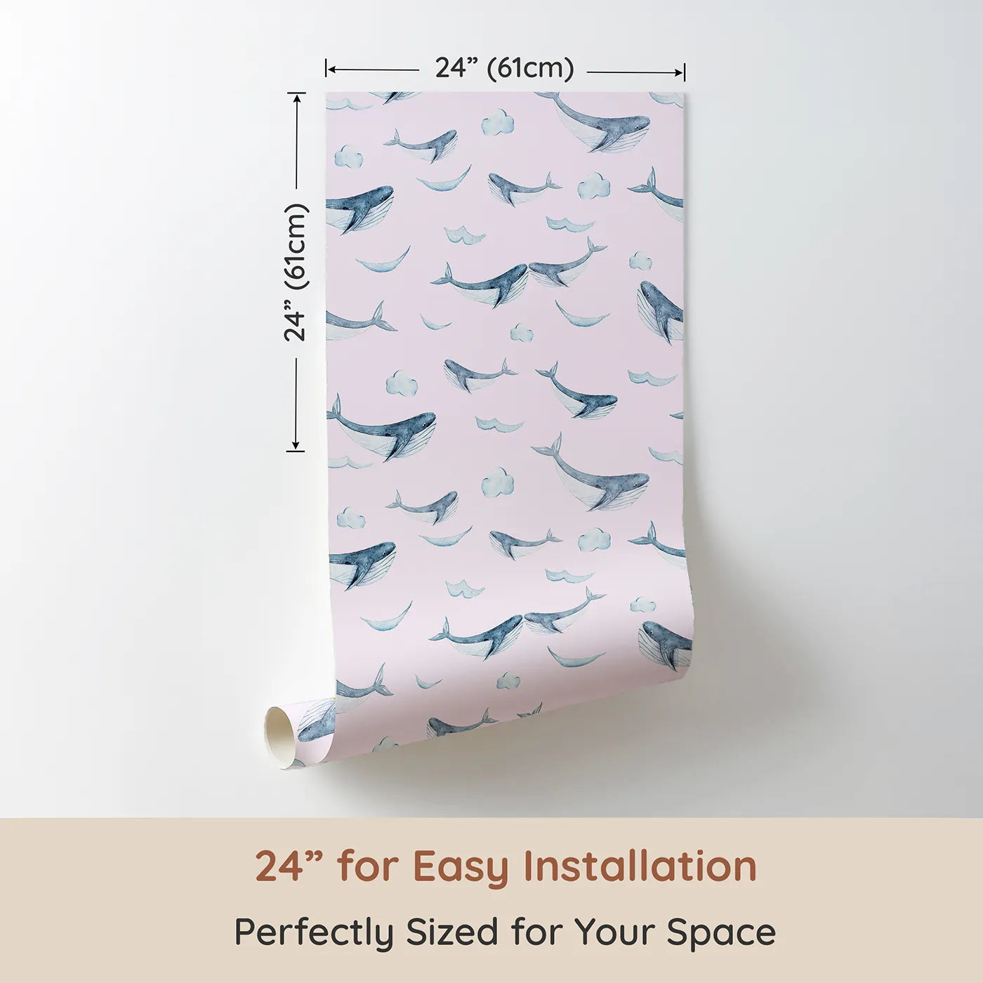 Dimension view of Whimsy Tots Whale Cloud Voyage Wallpaper in Blush Pink (W3328B). Printed in 24-inch-wide panel for easy installation. Gentle whales glide among fluffy clouds.