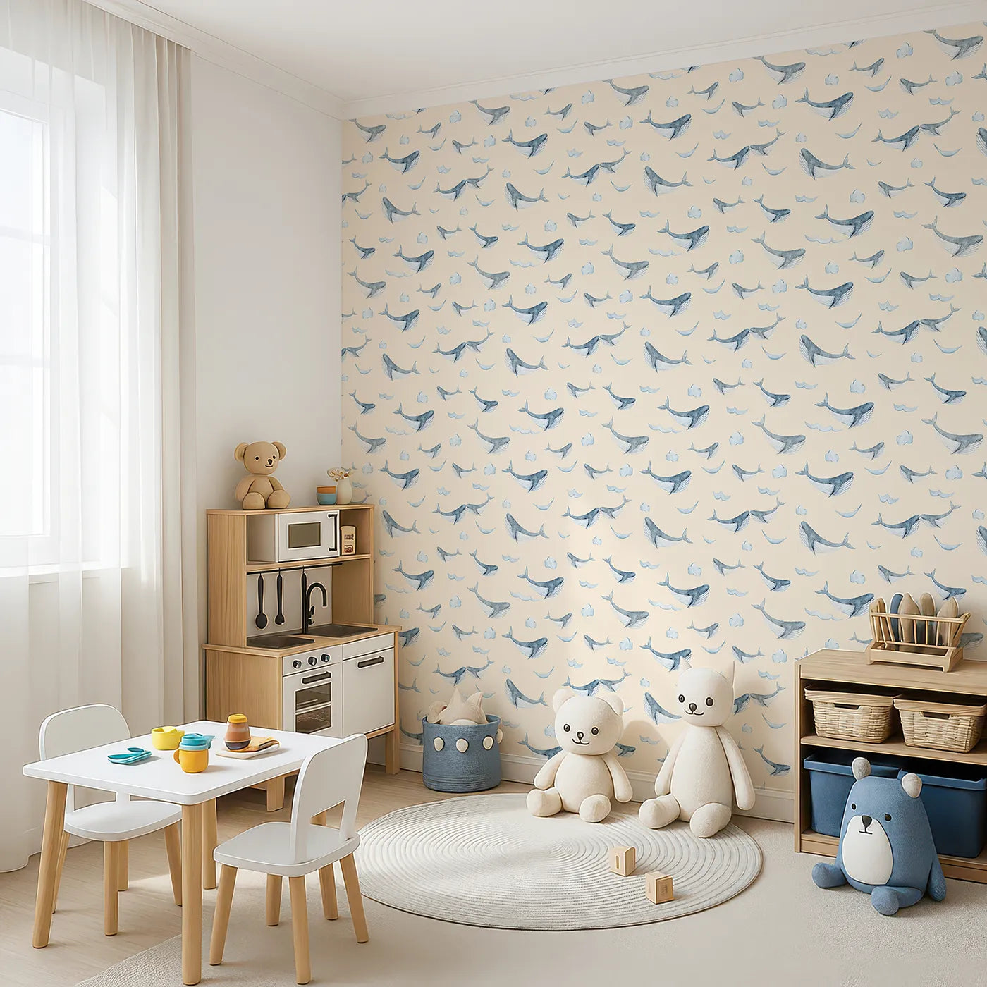 Angled view of Whimsy Tots' Whale Cloud Voyage Wallpaper in Beige (W3328C).Gentle whales glide among fluffy clouds.