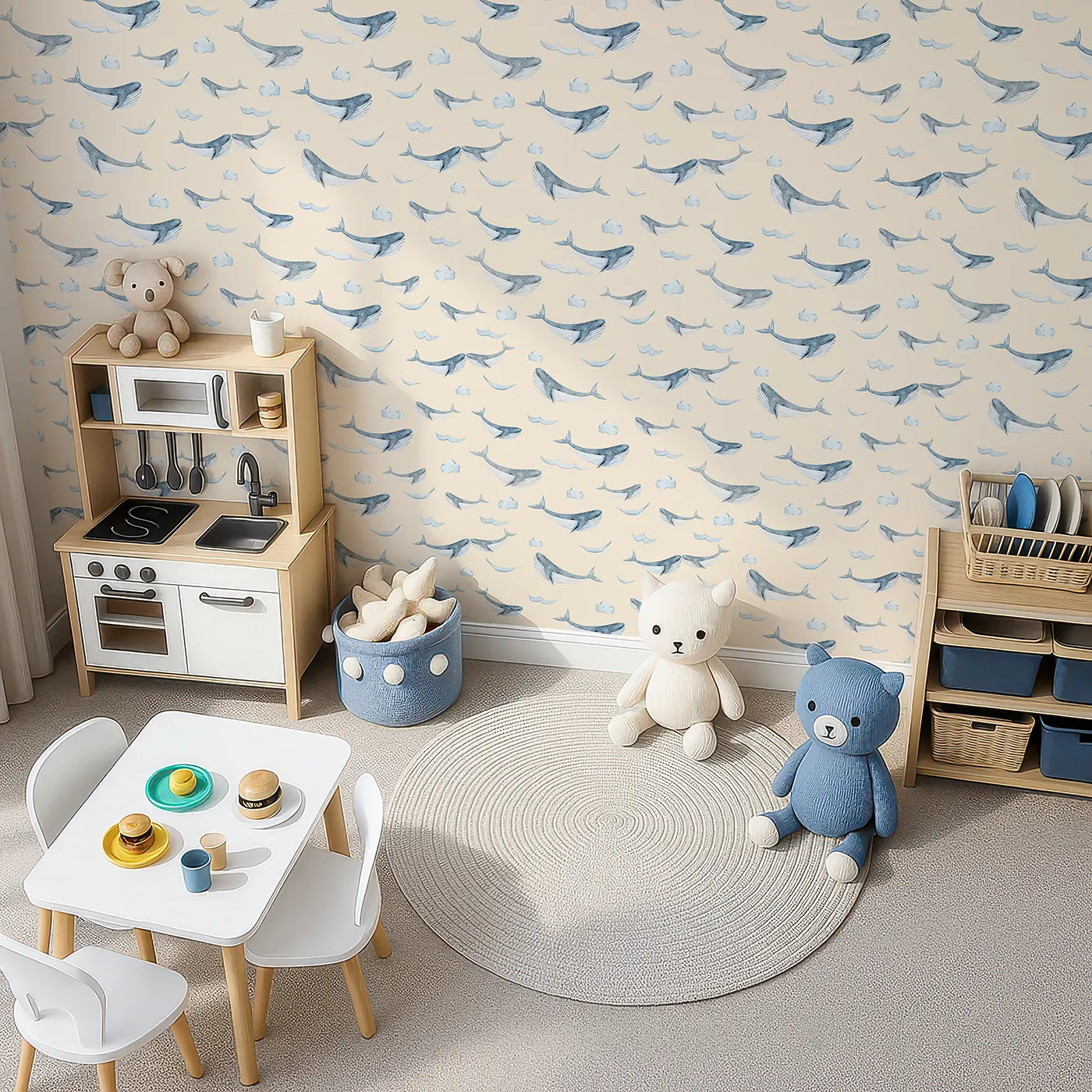 Top-Down view of Whimsy Tots' Whale Cloud Voyage Wallpaper in Beige (W3328C).Gentle whales glide among fluffy clouds.