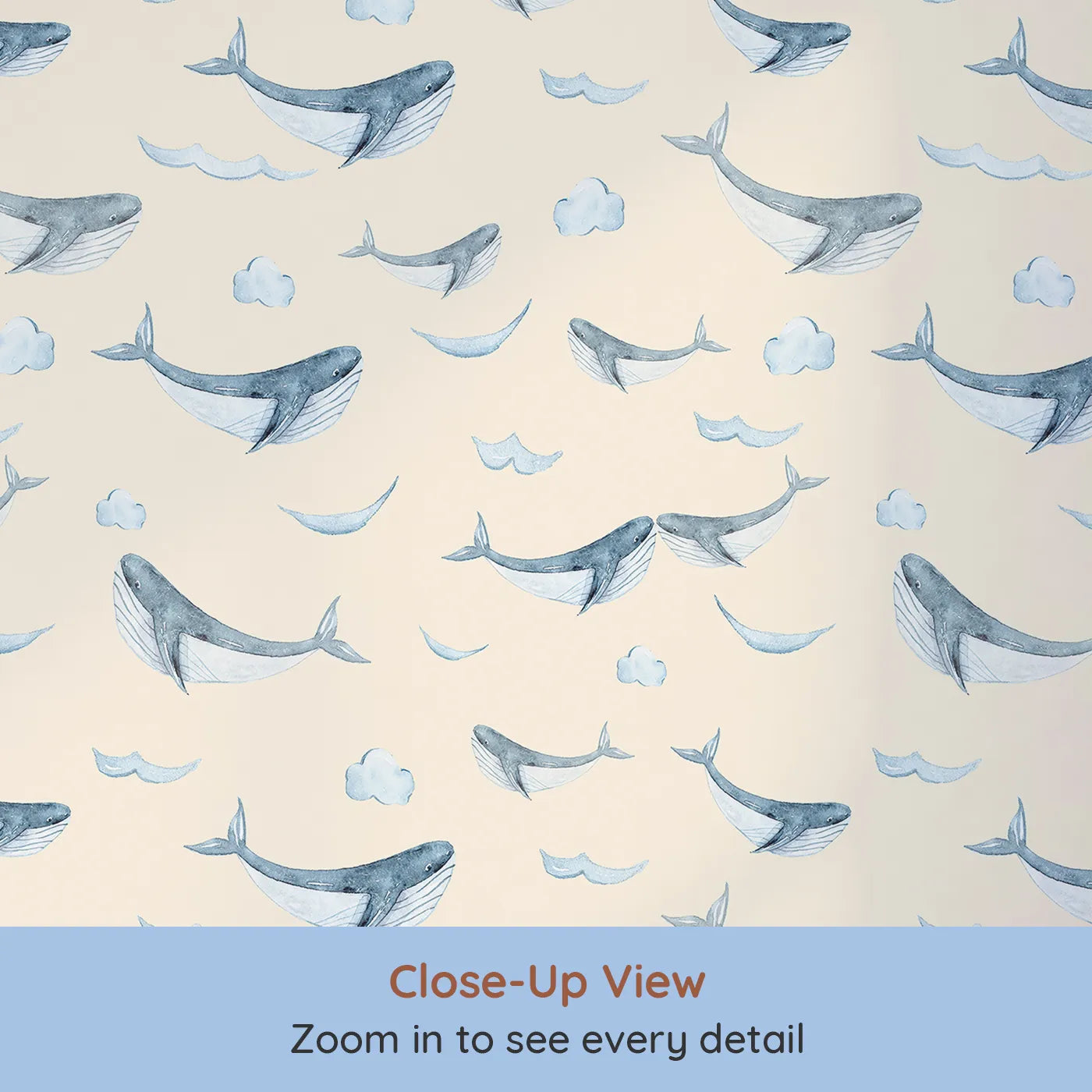 Close-up view of Whimsy Tots' Whale Cloud Voyage Wallpaper in Beige (W3328C).Gentle whales glide among fluffy clouds.