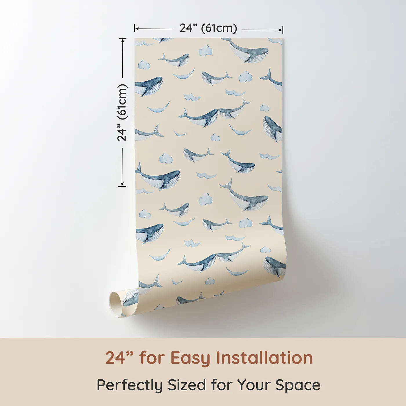 Dimension view of Whimsy Tots Whale Cloud Voyage Wallpaper in Beige (W3328C). Printed in 24-inch-wide panel for easy installation. Gentle whales glide among fluffy clouds.