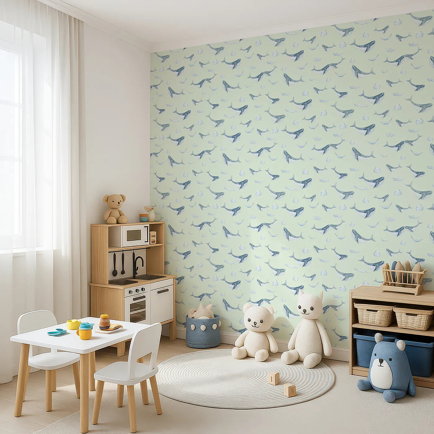 Angled view of Whimsy Tots' Whale Cloud Voyage Wallpaper in Mint Green (W3328D).Gentle whales glide among fluffy clouds.