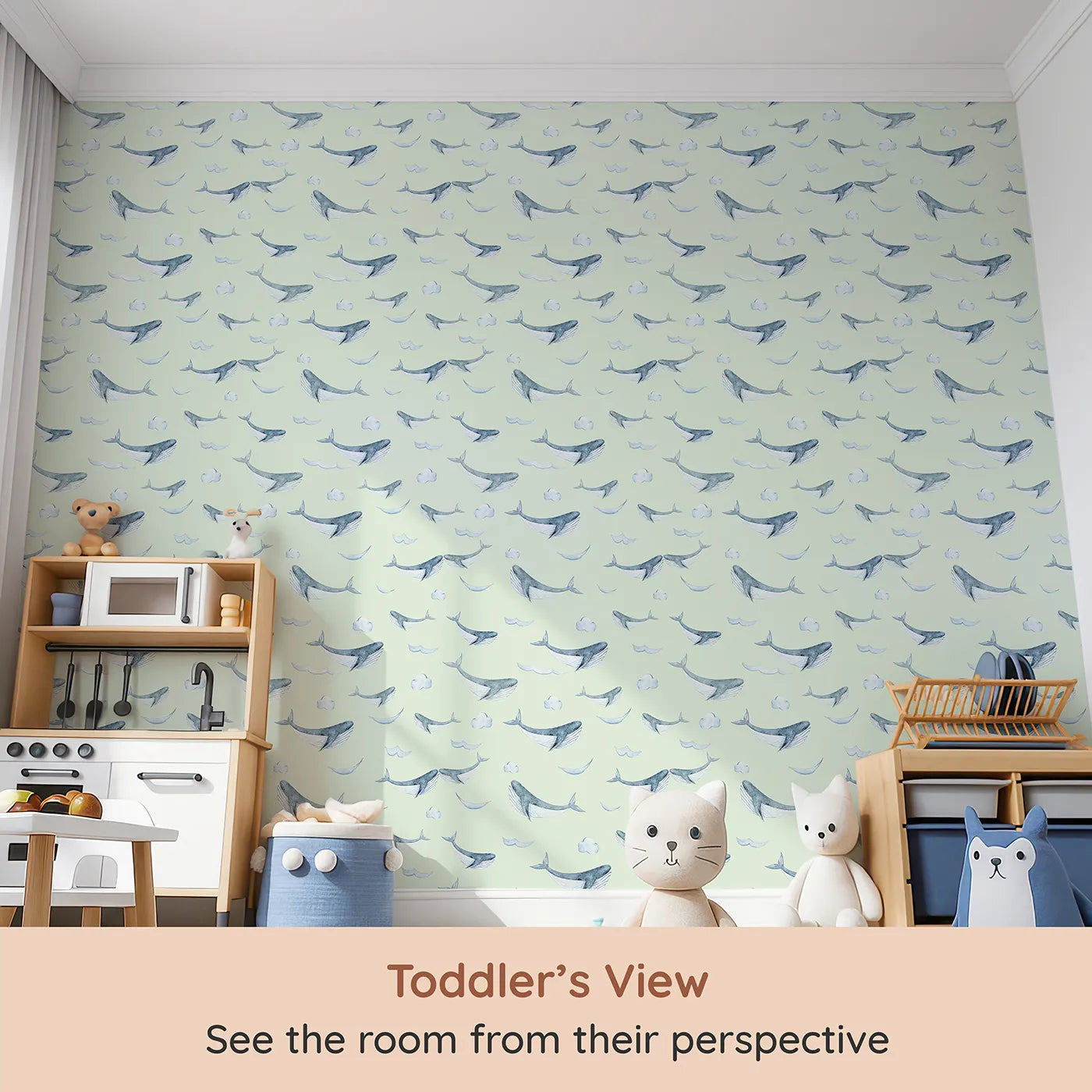 Whimsy Tots Whale Cloud Voyage Wallpaper in Mint Green (W3328D) from your child's view.Gentle whales glide among fluffy clouds.