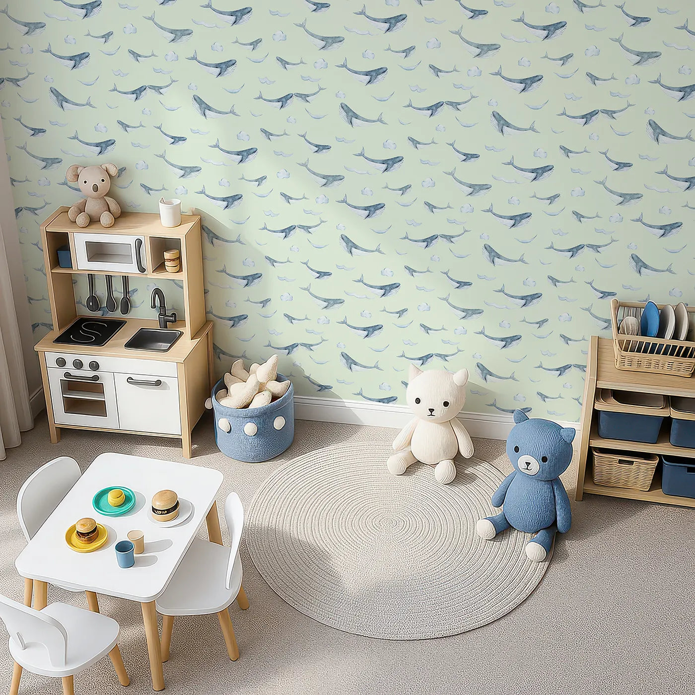 Top-Down view of Whimsy Tots' Whale Cloud Voyage Wallpaper in Mint Green (W3328D).Gentle whales glide among fluffy clouds.