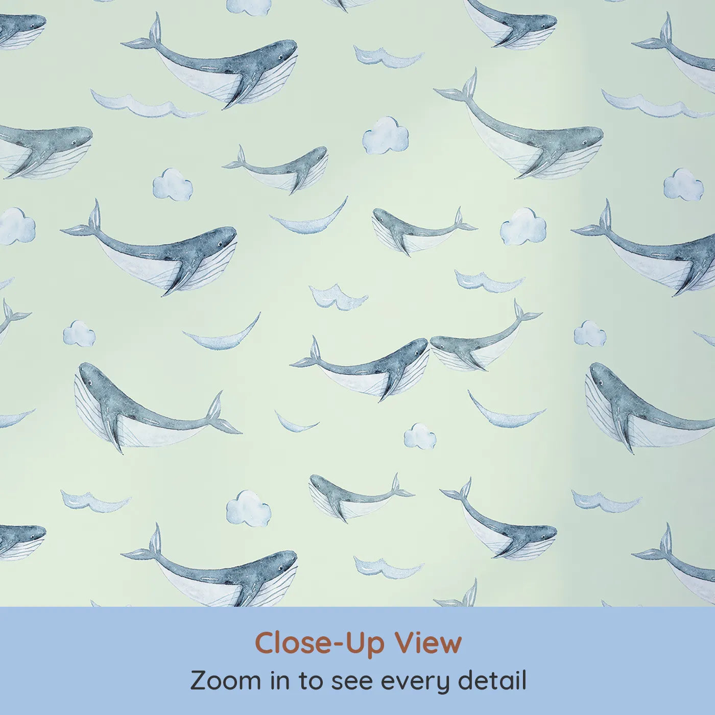 Close-up view of Whimsy Tots' Whale Cloud Voyage Wallpaper in Mint Green (W3328D).Gentle whales glide among fluffy clouds.