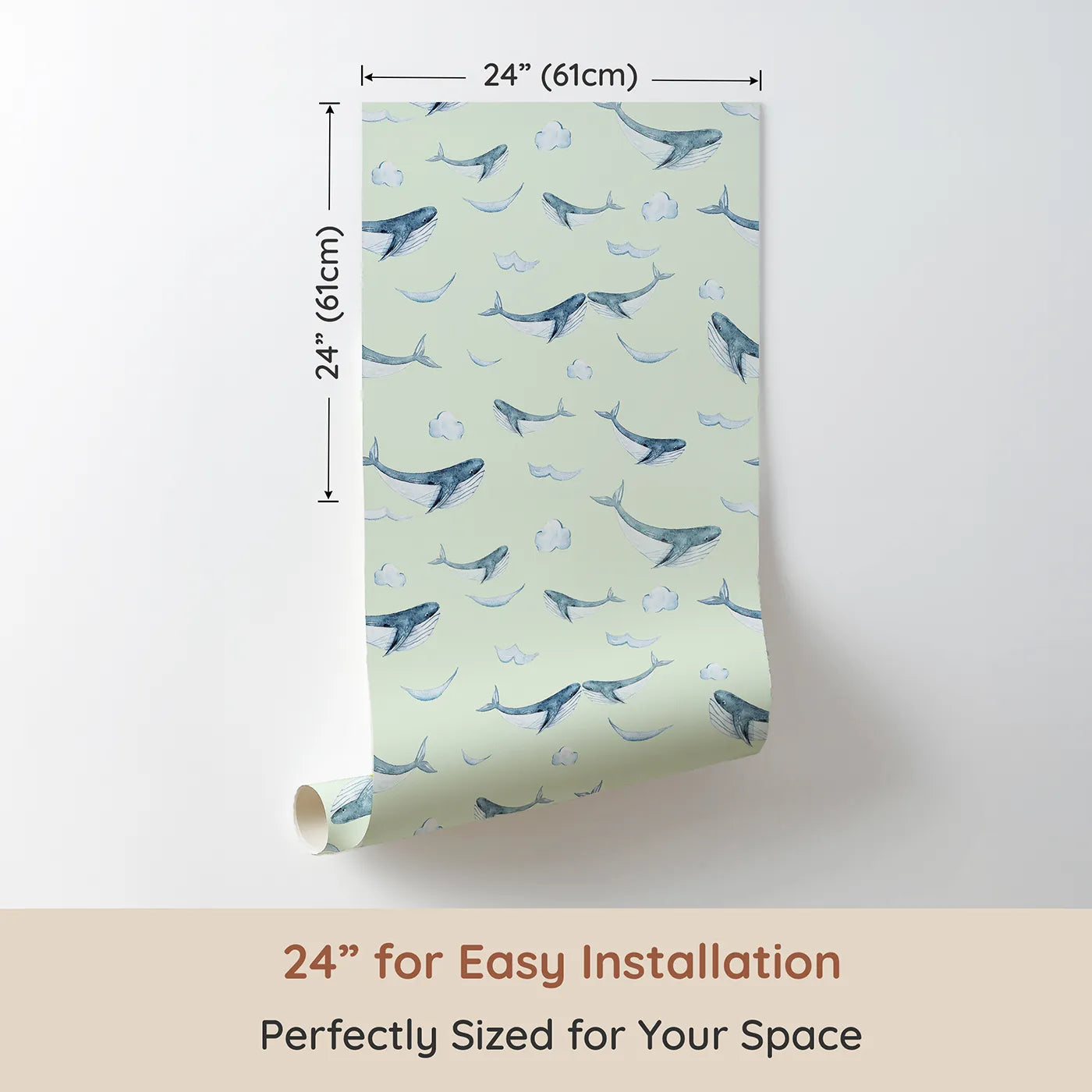 Dimension view of Whimsy Tots Whale Cloud Voyage Wallpaper in Mint Green (W3328D). Printed in 24-inch-wide panel for easy installation. Gentle whales glide among fluffy clouds.