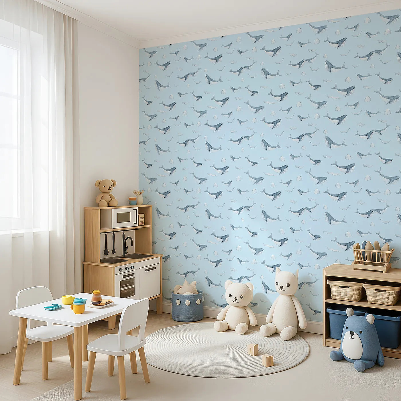 Angled view of Whimsy Tots' Whale Cloud Voyage Wallpaper in Sky Blue (W3328E).Gentle whales glide among fluffy clouds.