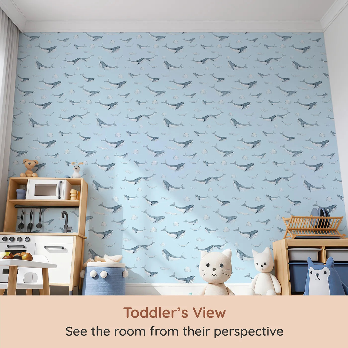 Whimsy Tots Whale Cloud Voyage Wallpaper in Sky Blue (W3328E) from your child's view.Gentle whales glide among fluffy clouds.