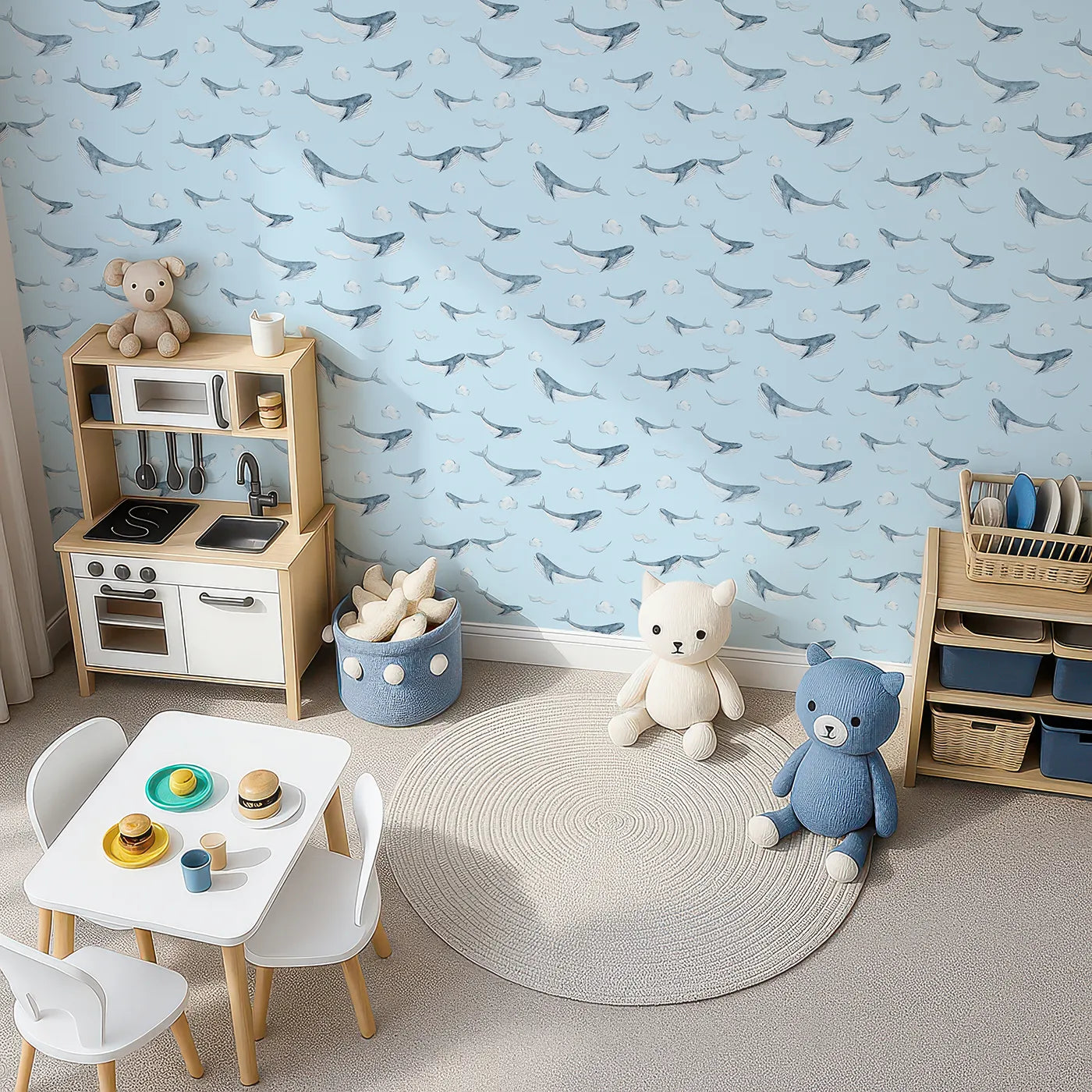 Top-Down view of Whimsy Tots' Whale Cloud Voyage Wallpaper in Sky Blue (W3328E).Gentle whales glide among fluffy clouds.