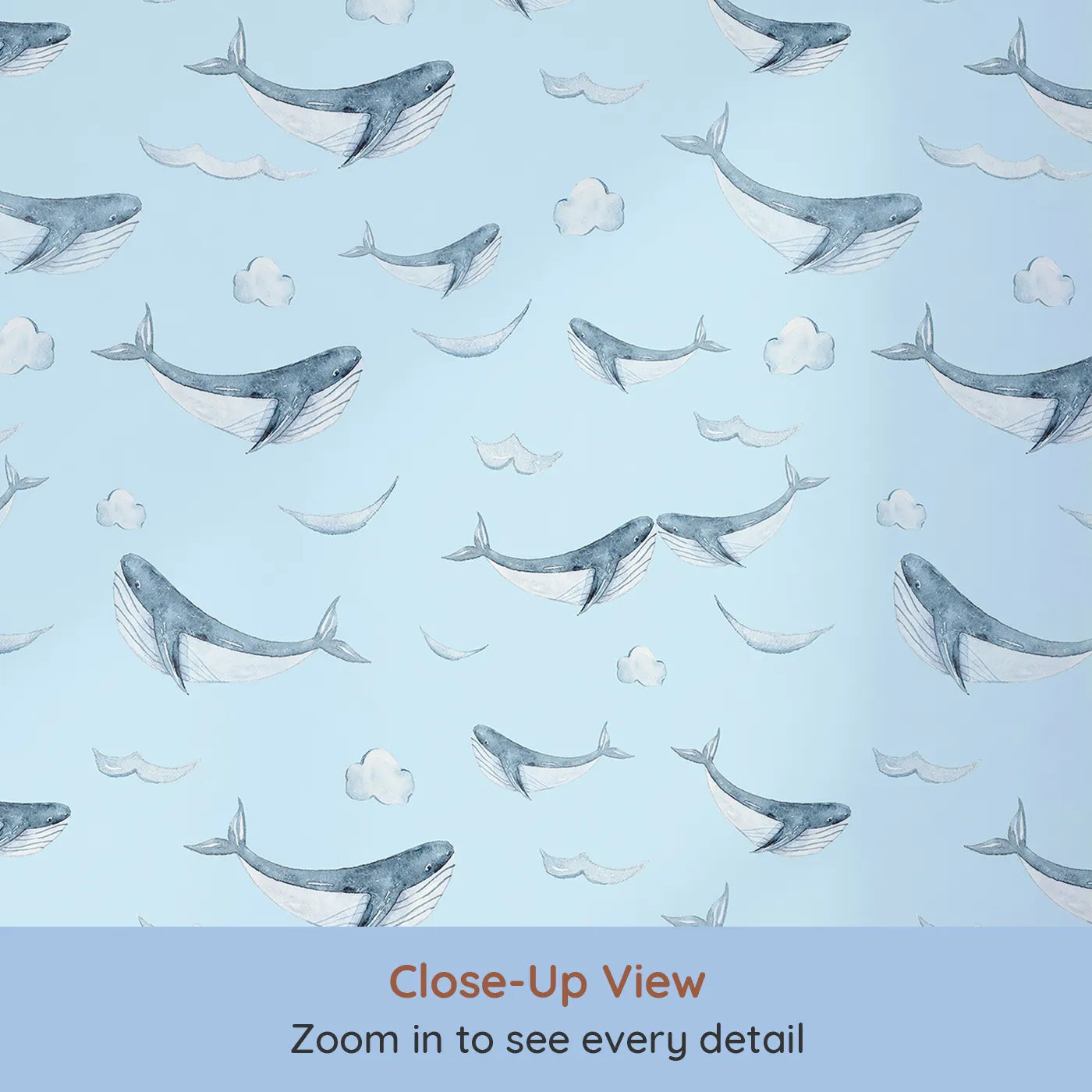 Close-up view of Whimsy Tots' Whale Cloud Voyage Wallpaper in Sky Blue (W3328E).Gentle whales glide among fluffy clouds.
