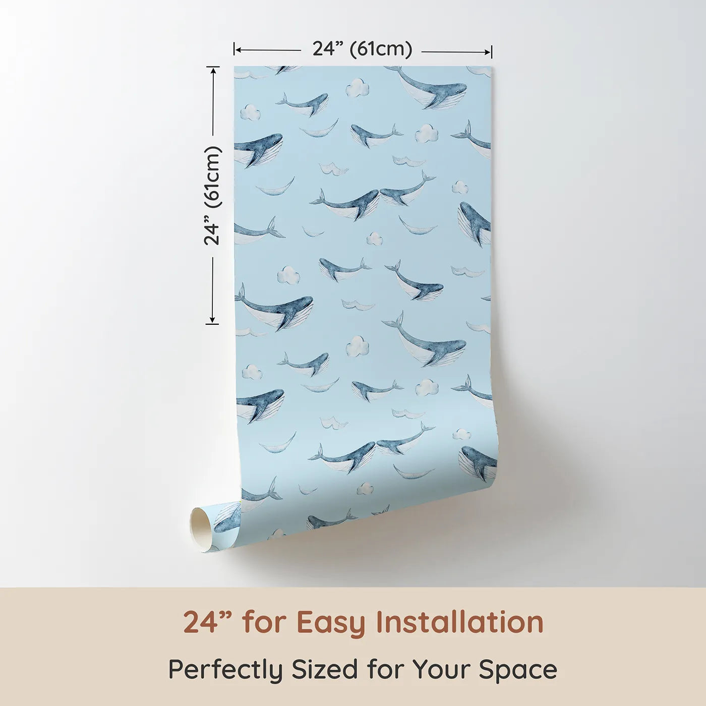 Dimension view of Whimsy Tots Whale Cloud Voyage Wallpaper in Sky Blue (W3328E). Printed in 24-inch-wide panel for easy installation. Gentle whales glide among fluffy clouds.