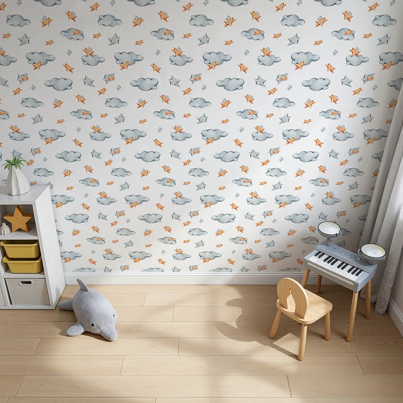 Top-Down view of Whimsy Tots' Cloudy Star Drift Wallpaper in White (W3329A).Wooden stars and watercolor clouds guide sleepy imaginations.