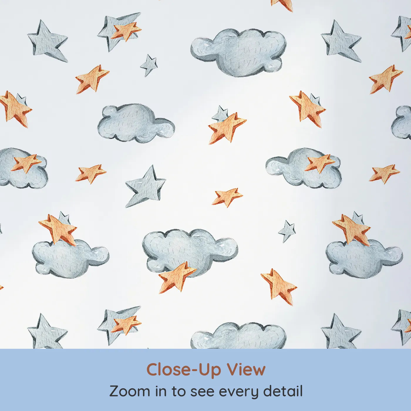 Close-up view of Whimsy Tots' Cloudy Star Drift Wallpaper in White (W3329A).Wooden stars and watercolor clouds guide sleepy imaginations.