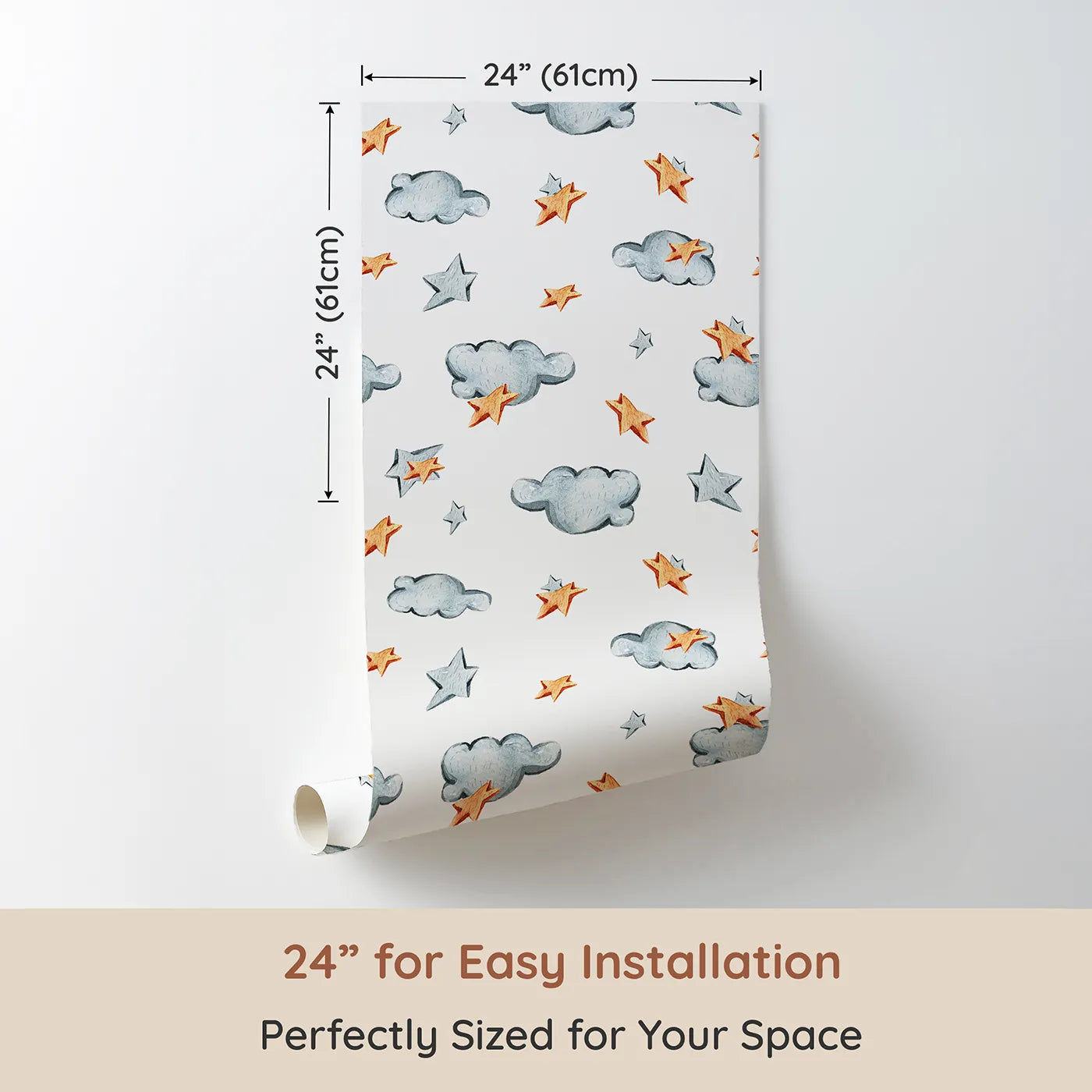 Dimension view of Whimsy Tots Cloudy Star Drift Wallpaper in White (W3329A). Printed in 24-inch-wide panel for easy installation. Wooden stars and watercolor clouds guide sleepy imaginations.