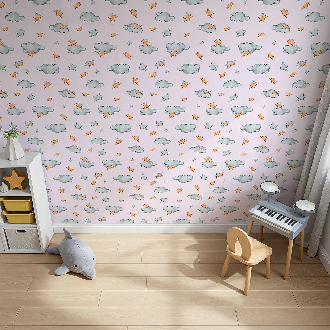 Top-Down view of Whimsy Tots' Cloudy Star Drift Wallpaper in Blush Pink (W3329B).Wooden stars and watercolor clouds guide sleepy imaginations.