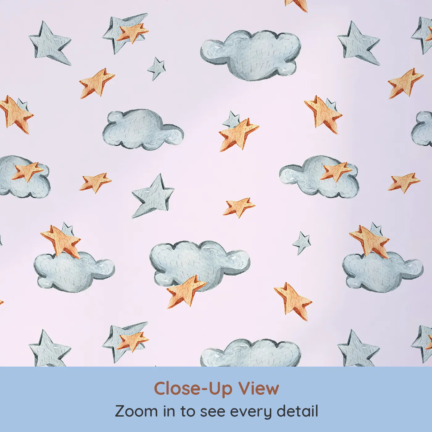 Close-up view of Whimsy Tots' Cloudy Star Drift Wallpaper in Blush Pink (W3329B).Wooden stars and watercolor clouds guide sleepy imaginations.
