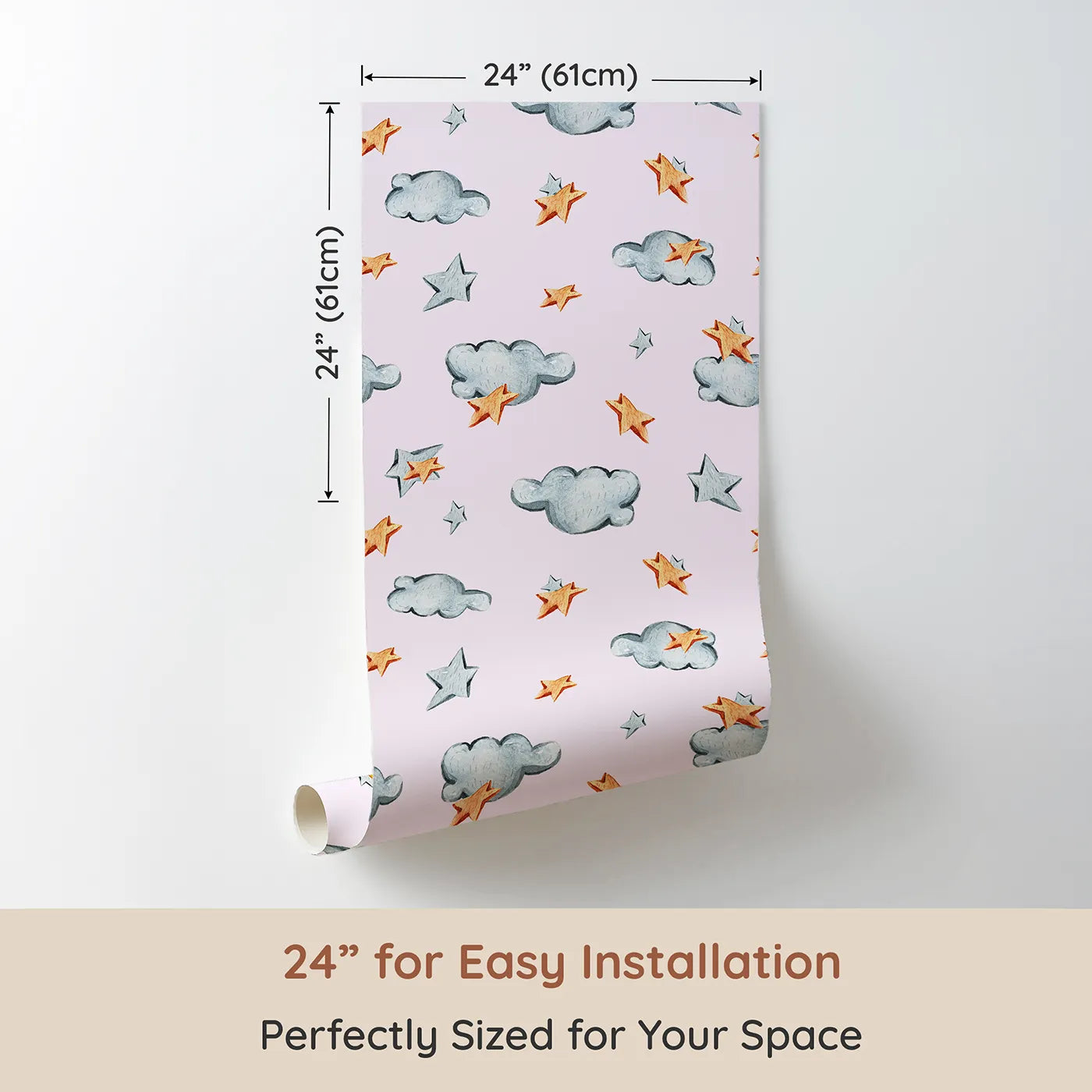 Dimension view of Whimsy Tots Cloudy Star Drift Wallpaper in Blush Pink (W3329B). Printed in 24-inch-wide panel for easy installation. Wooden stars and watercolor clouds guide sleepy imaginations.