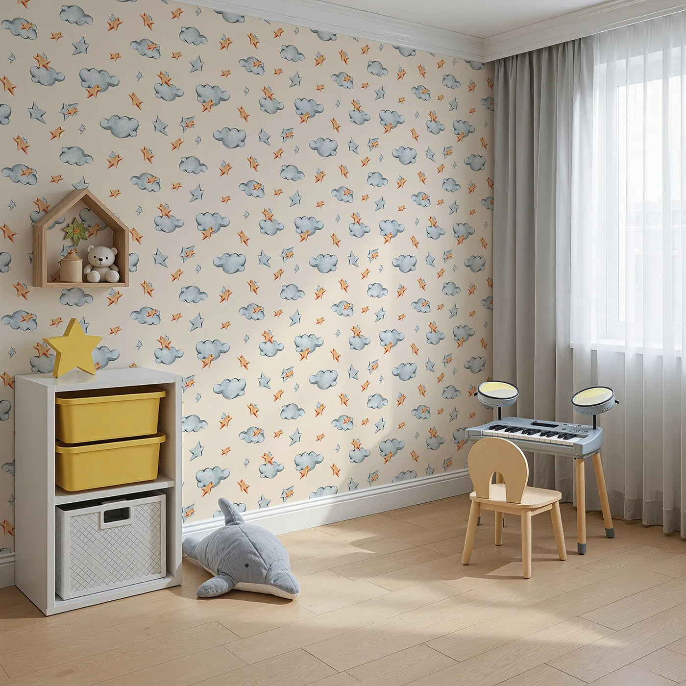 Angled view of Whimsy Tots' Cloudy Star Drift Wallpaper in Beige (W3329C).Wooden stars and watercolor clouds guide sleepy imaginations.