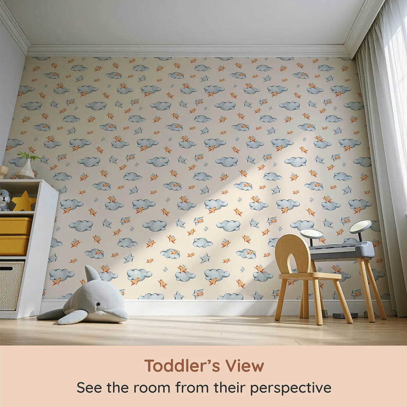 Whimsy Tots Cloudy Star Drift Wallpaper in Beige (W3329C) from your child's view.Wooden stars and watercolor clouds guide sleepy imaginations.
