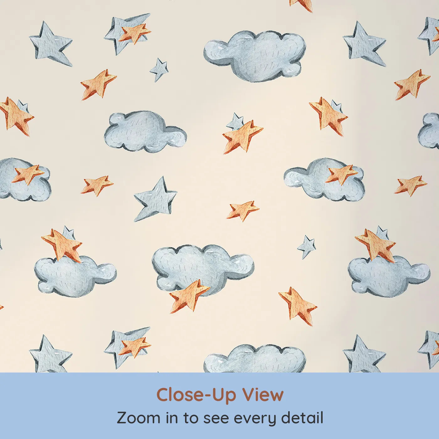 Close-up view of Whimsy Tots' Cloudy Star Drift Wallpaper in Beige (W3329C).Wooden stars and watercolor clouds guide sleepy imaginations.