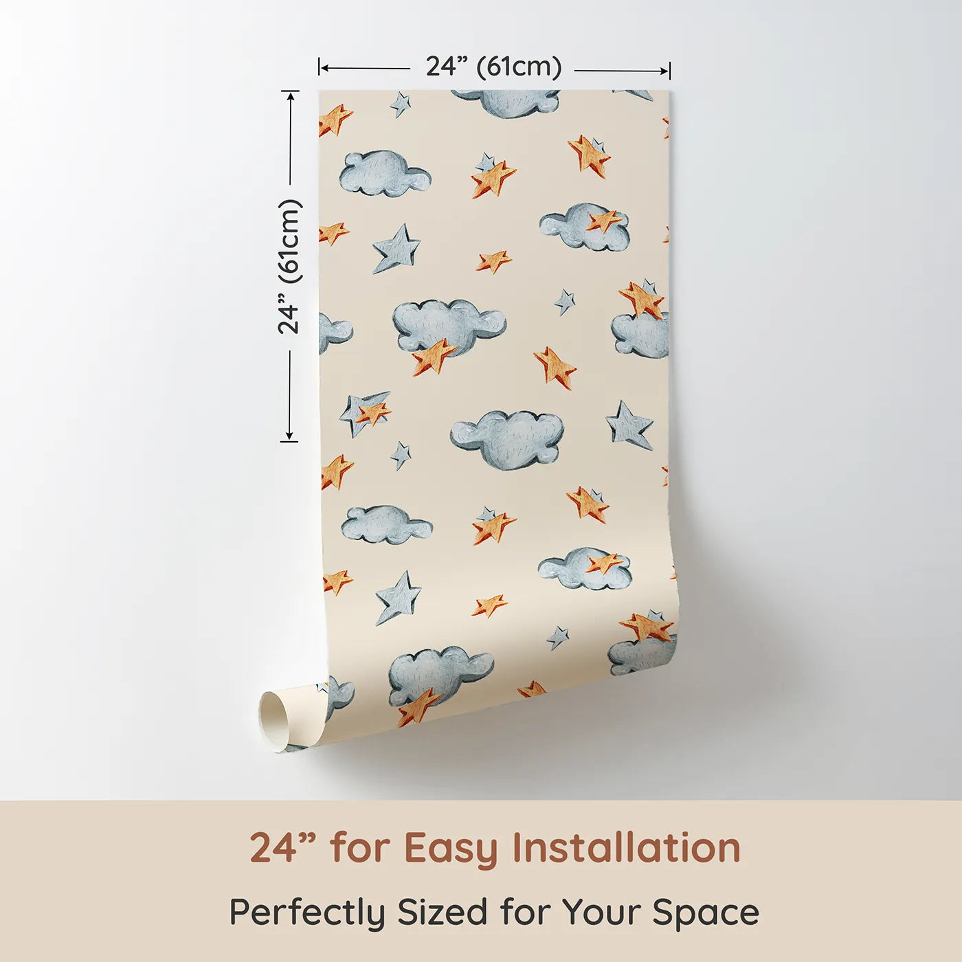 Dimension view of Whimsy Tots Cloudy Star Drift Wallpaper in Beige (W3329C). Printed in 24-inch-wide panel for easy installation. Wooden stars and watercolor clouds guide sleepy imaginations.