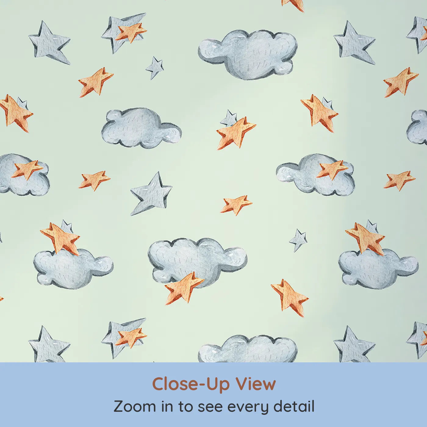 Close-up view of Whimsy Tots' Cloudy Star Drift Wallpaper in Mint Green (W3329D).Wooden stars and watercolor clouds guide sleepy imaginations.