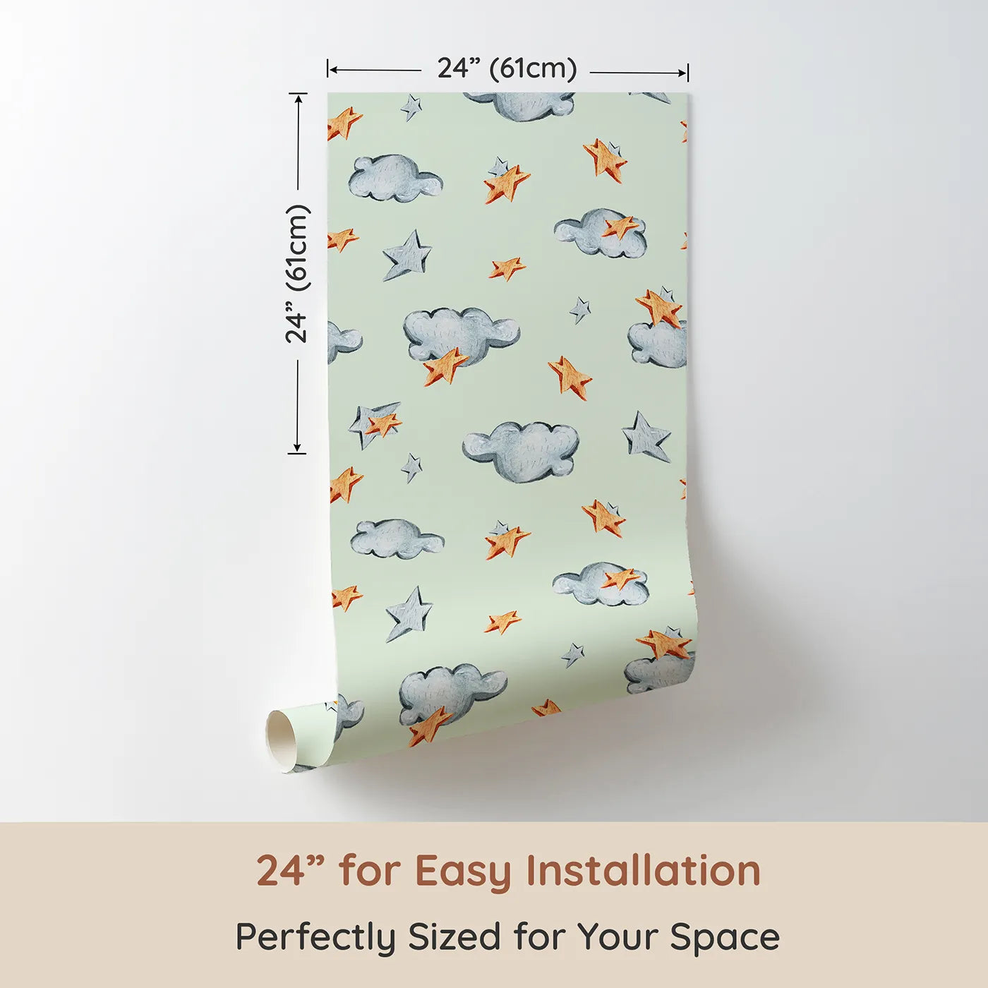 Dimension view of Whimsy Tots Cloudy Star Drift Wallpaper in Mint Green (W3329D). Printed in 24-inch-wide panel for easy installation. Wooden stars and watercolor clouds guide sleepy imaginations.