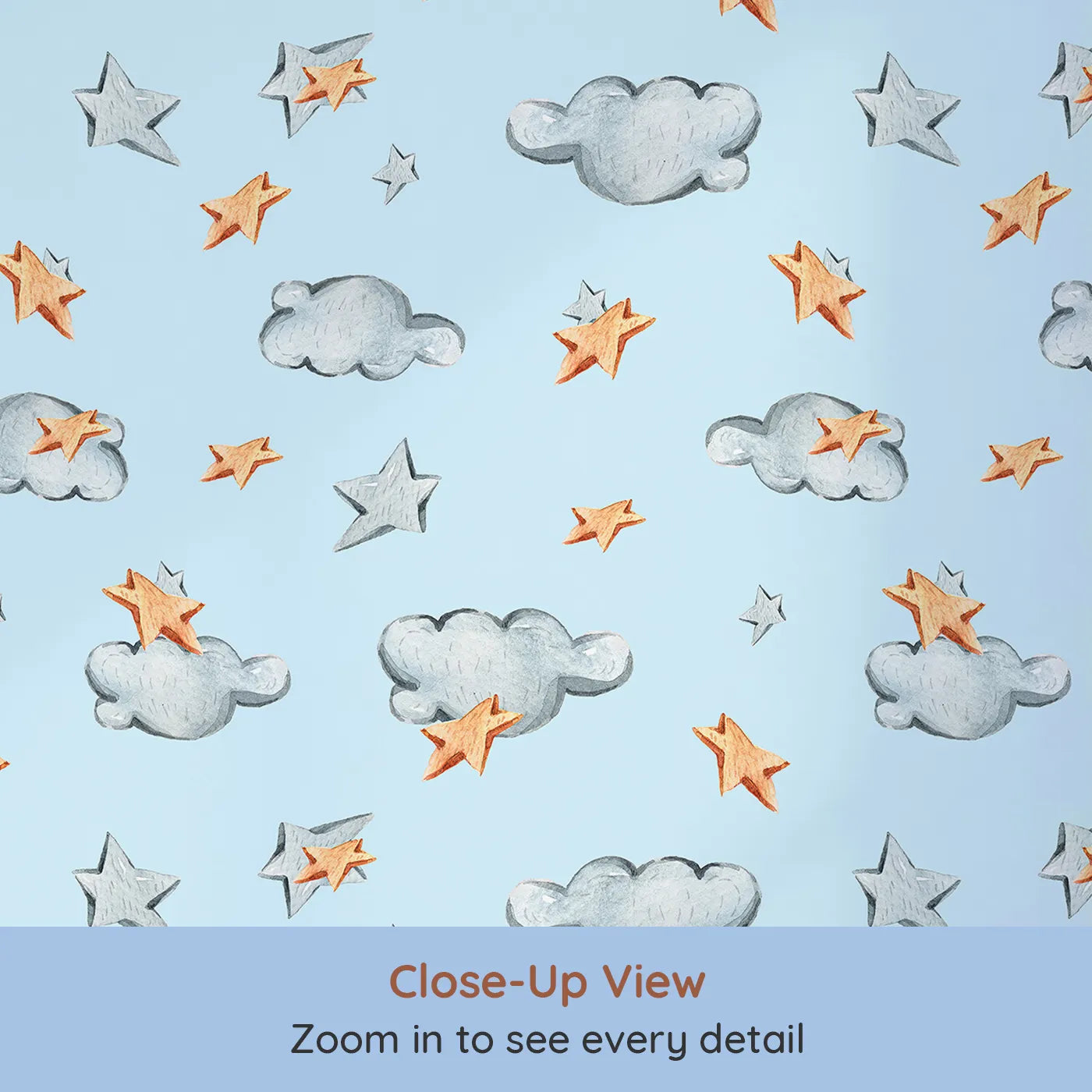 Close-up view of Whimsy Tots' Cloudy Star Drift Wallpaper in Sky Blue (W3329E).Wooden stars and watercolor clouds guide sleepy imaginations.