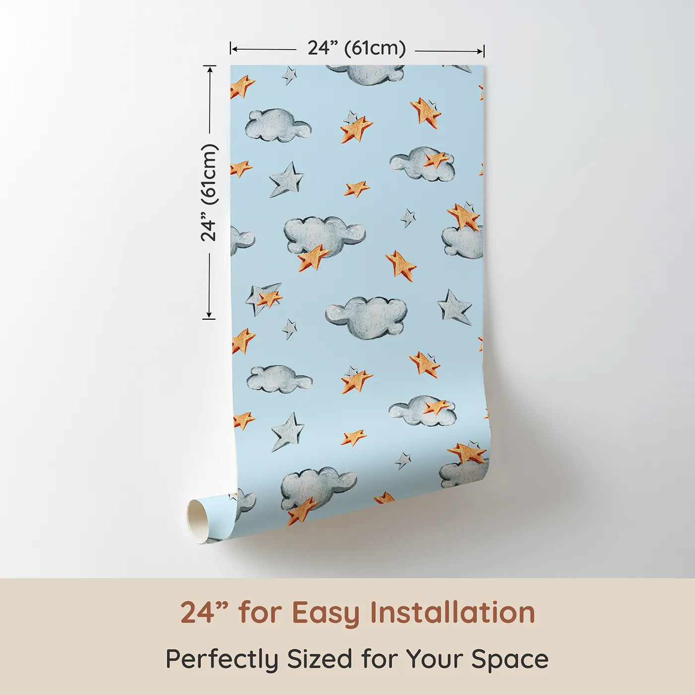 Dimension view of Whimsy Tots Cloudy Star Drift Wallpaper in Sky Blue (W3329E). Printed in 24-inch-wide panel for easy installation. Wooden stars and watercolor clouds guide sleepy imaginations.