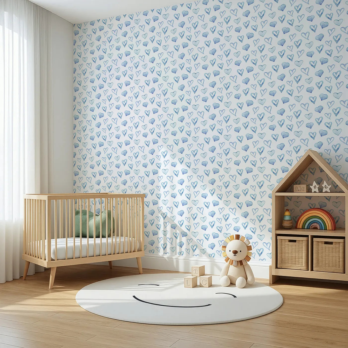 Angled view of Whimsy Tots' Blue Hearts Wallpaper in White (W3330A).Watercolor hearts in cool blues fill their space with softness and care.