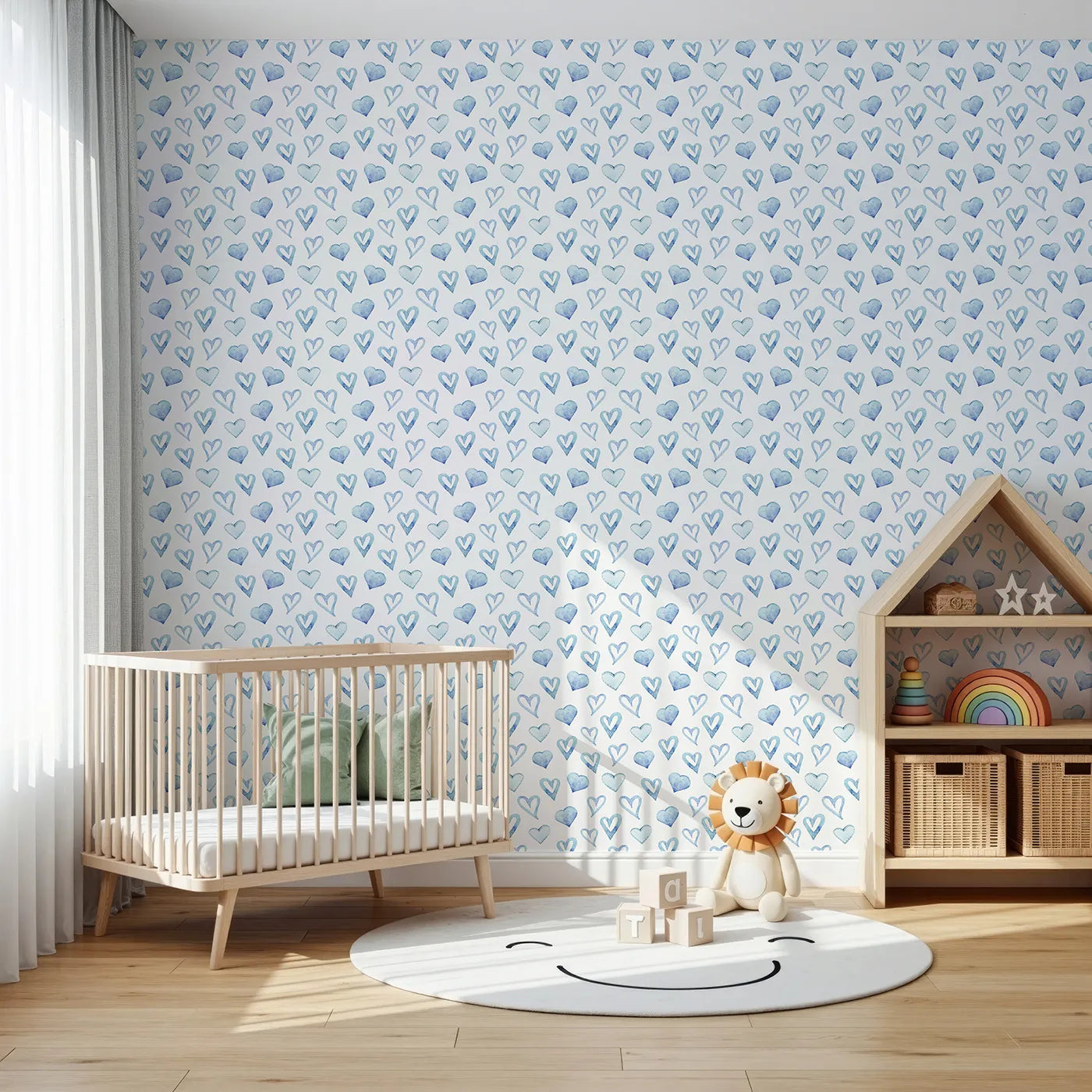 Front view of Whimsy Tots' Blue Hearts Wallpaper in White