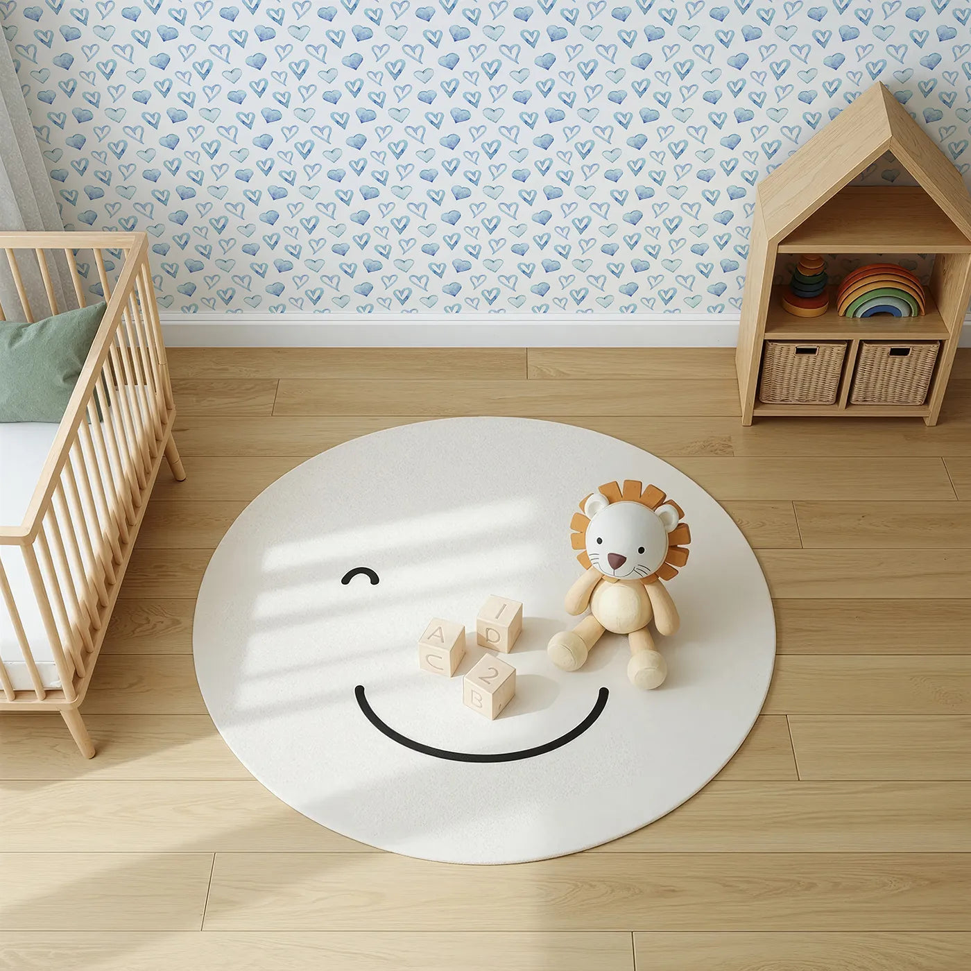 Top-Down view of Whimsy Tots' Blue Hearts Wallpaper in White (W3330A).Watercolor hearts in cool blues fill their space with softness and care.