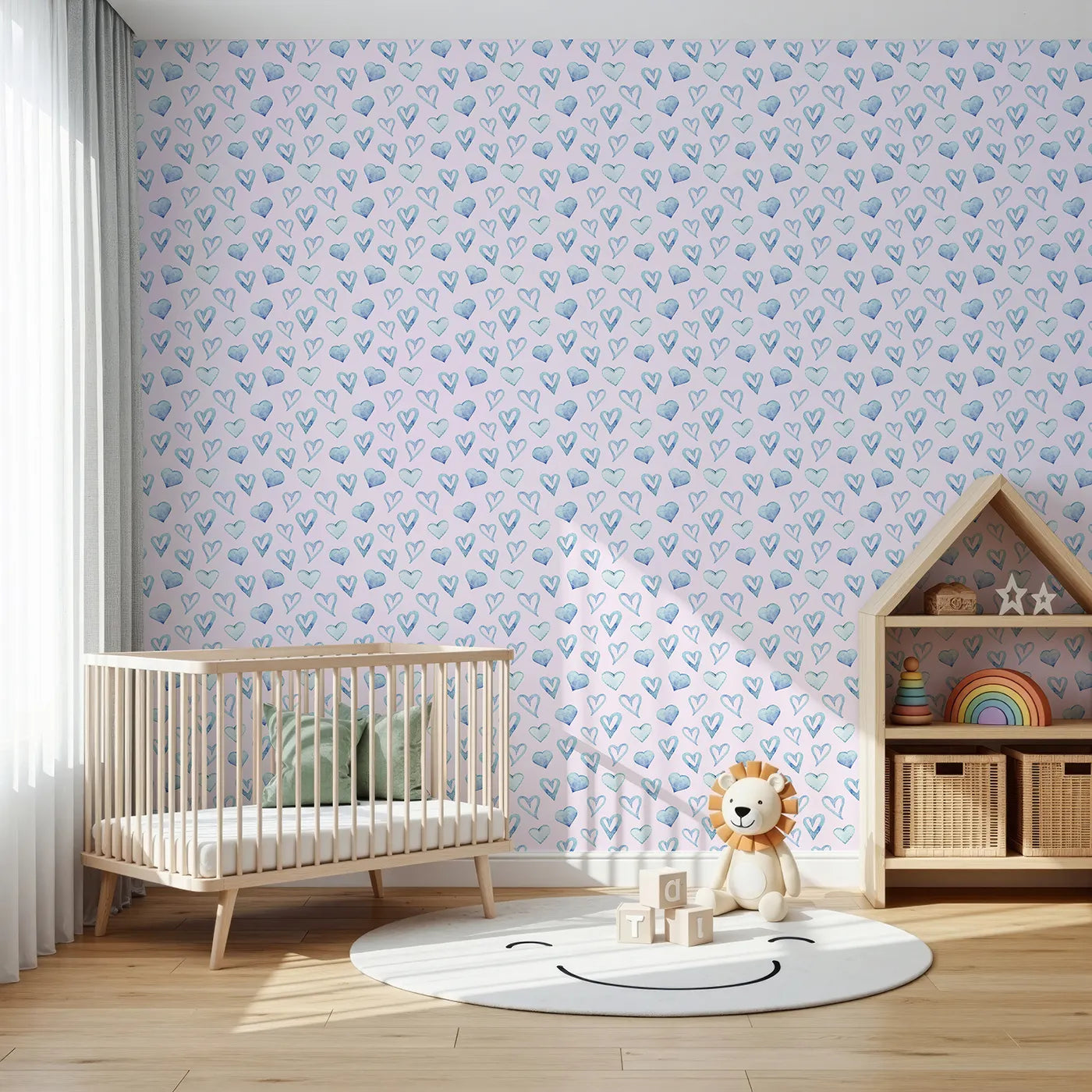Front view of Whimsy Tots' Blue Hearts Wallpaper in Blush