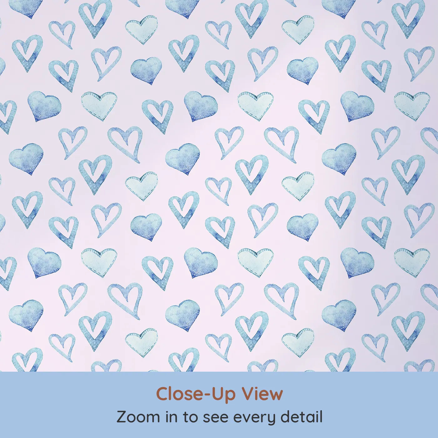 Close-up view of Whimsy Tots' Blue Hearts Wallpaper in Blush (W3330B).Watercolor hearts in soft blue and blush bring warmth and care to their space.