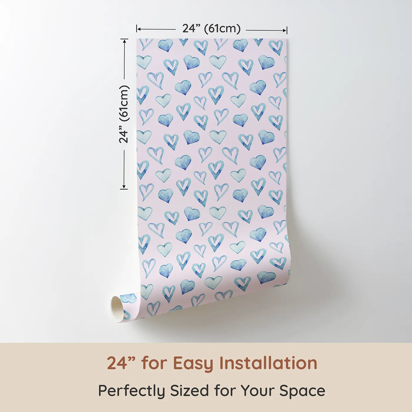Dimension view of Whimsy Tots Blue Hearts Wallpaper in Blush (W3330B). Printed in 24-inch-wide panel for easy installation. Watercolor hearts in soft blue and blush bring warmth and care to their space.