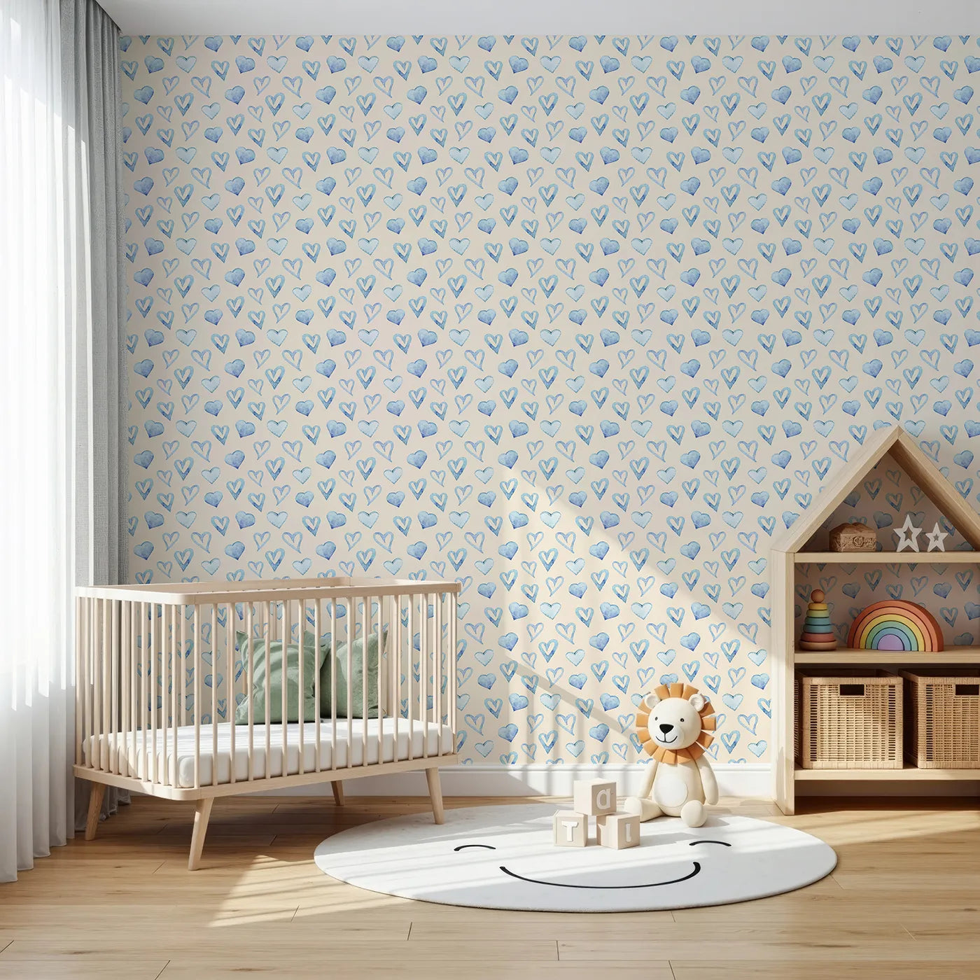 Front view of Whimsy Tots' Blue Hearts Wallpaper in Cream
