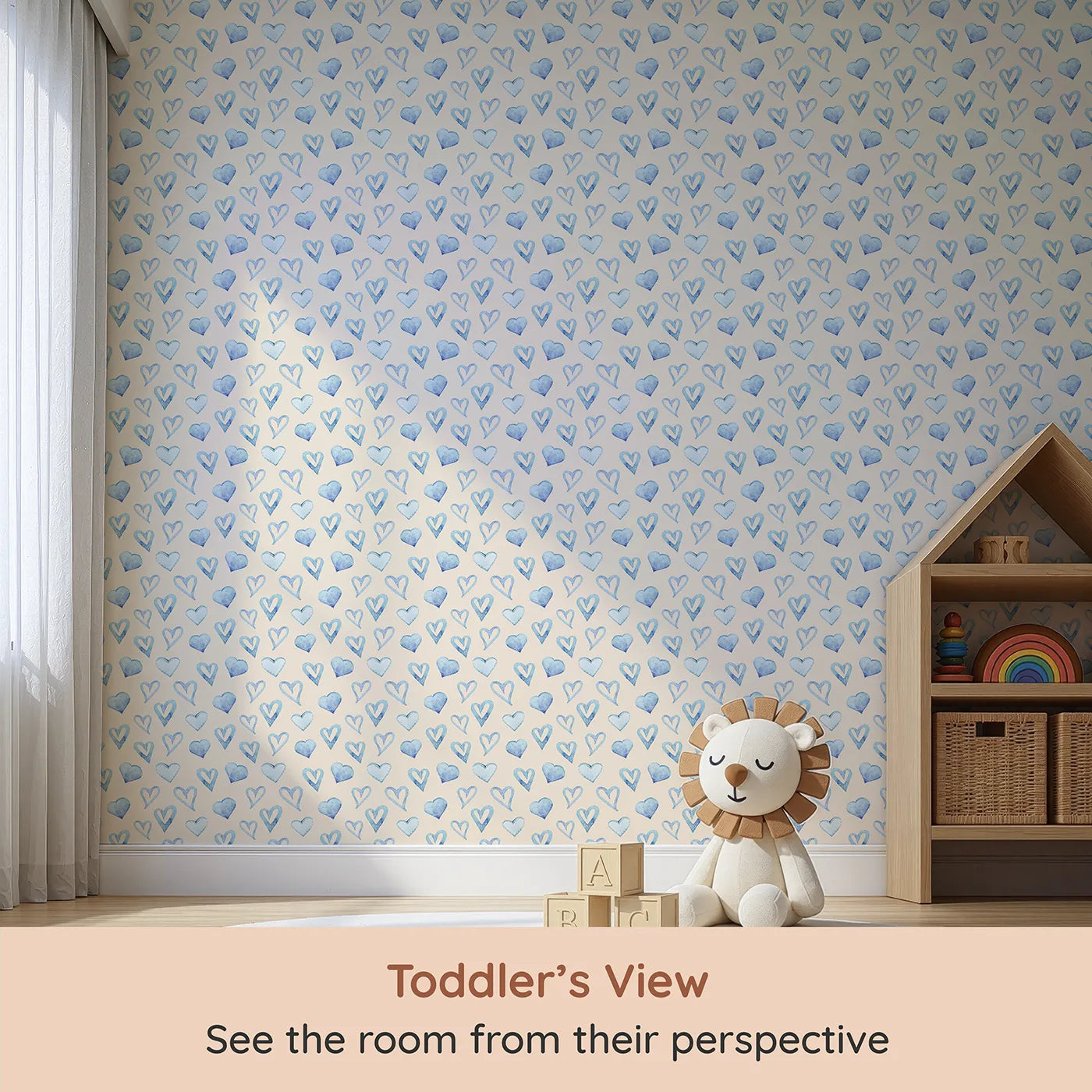 Whimsy Tots Blue Hearts Wallpaper in Cream (W3330C) from your child's view.Soothing blue hearts dance softly across a creamy, cozy sky.