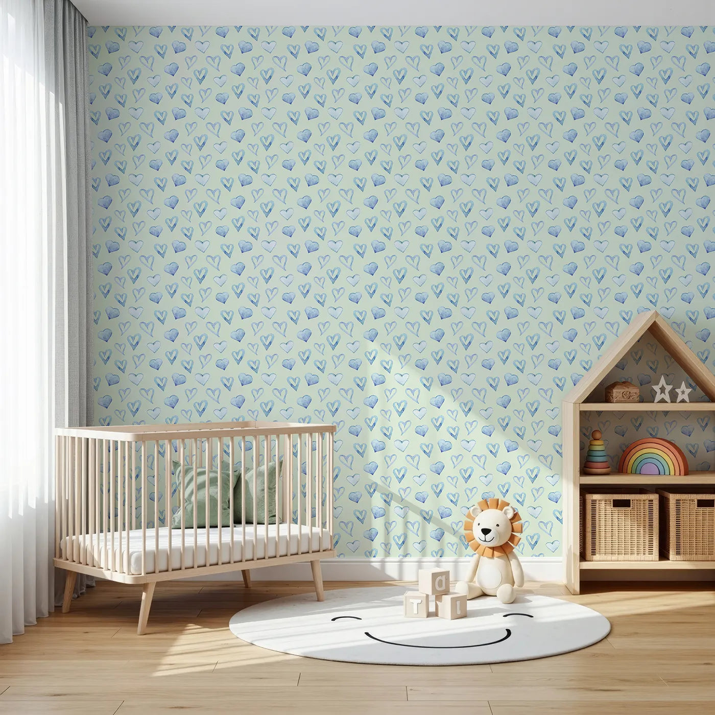 Front view of Whimsy Tots' Blue Hearts Wallpaper in Mint